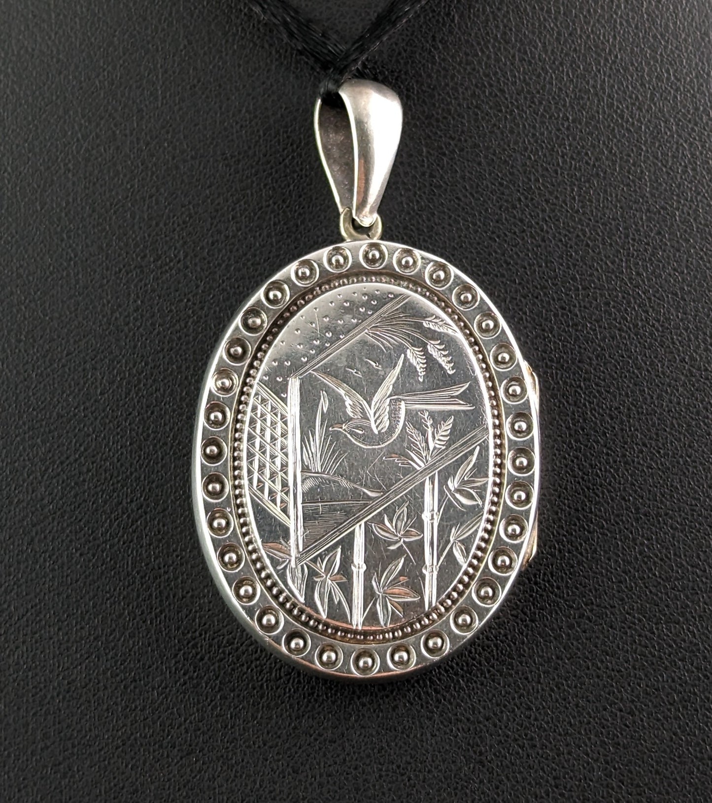 Antique Victorian silver locket pendant, Birds, Aesthetic