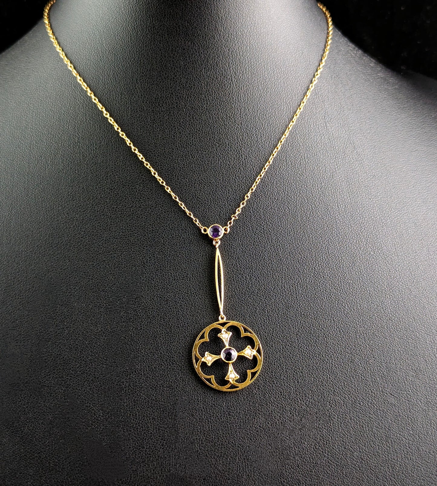 Antique Art Nouveau pendant necklace, Amethyst and Pearl, 9ct gold