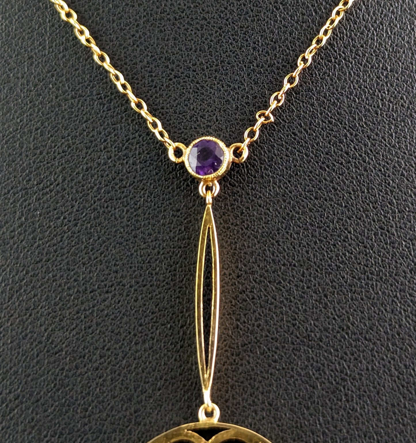 Antique Art Nouveau pendant necklace, Amethyst and Pearl, 9ct gold