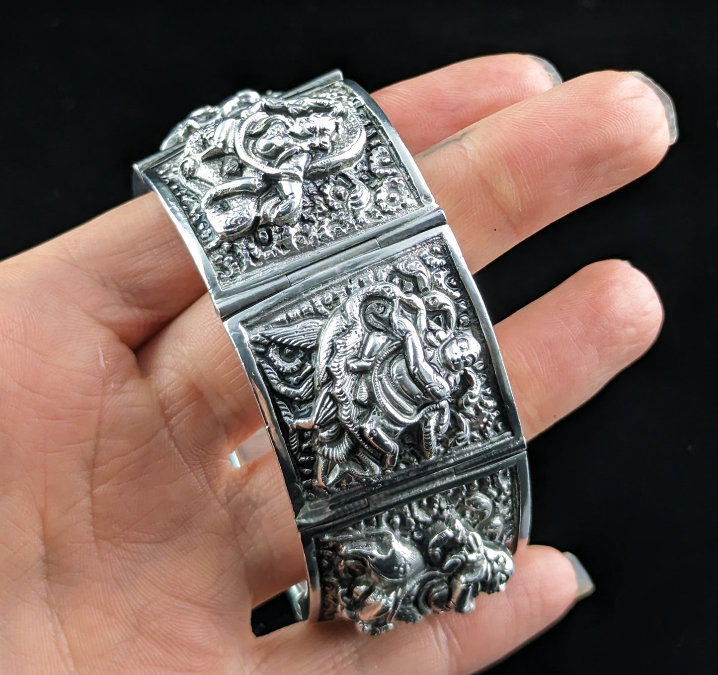 Antique Anglo-Indian sterling silver bracelet, Buddhist deities, Victorian