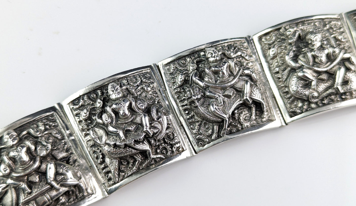 Antique Anglo-Indian sterling silver bracelet, Buddhist deities, Victorian