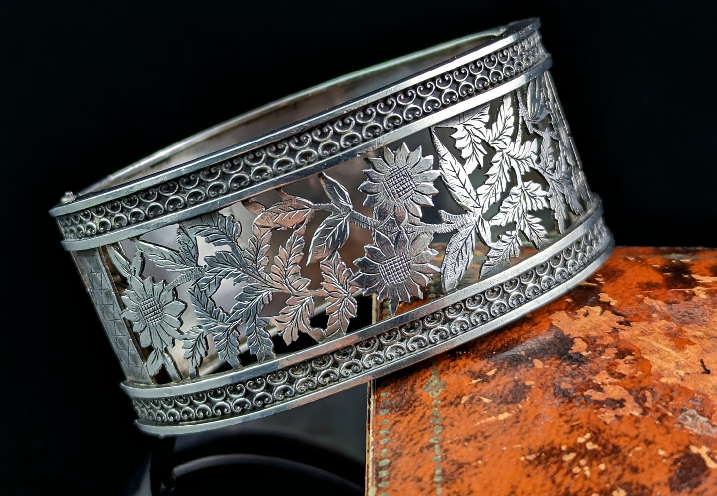 Antique Victorian silver cuff bangle, pierced floral design, Monogrammed