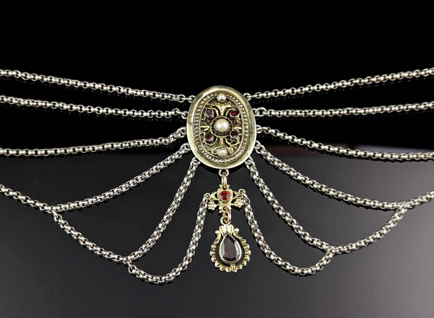 Antique Austro-Hungarian festoon necklace, Garnet, Pearl and Paste, 800 silver