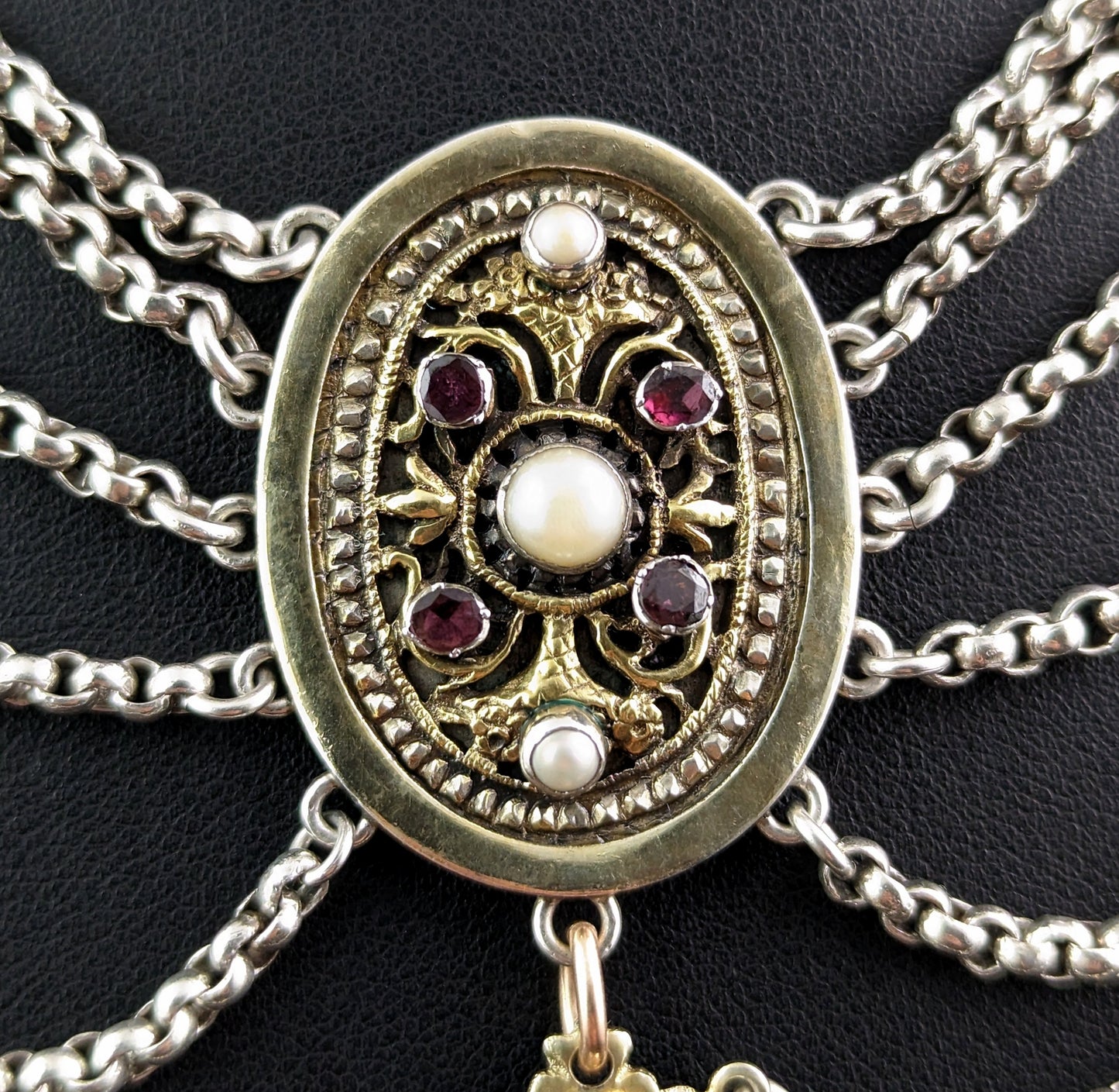 Antique Austro-Hungarian festoon necklace, Garnet, Pearl and Paste, 800 silver