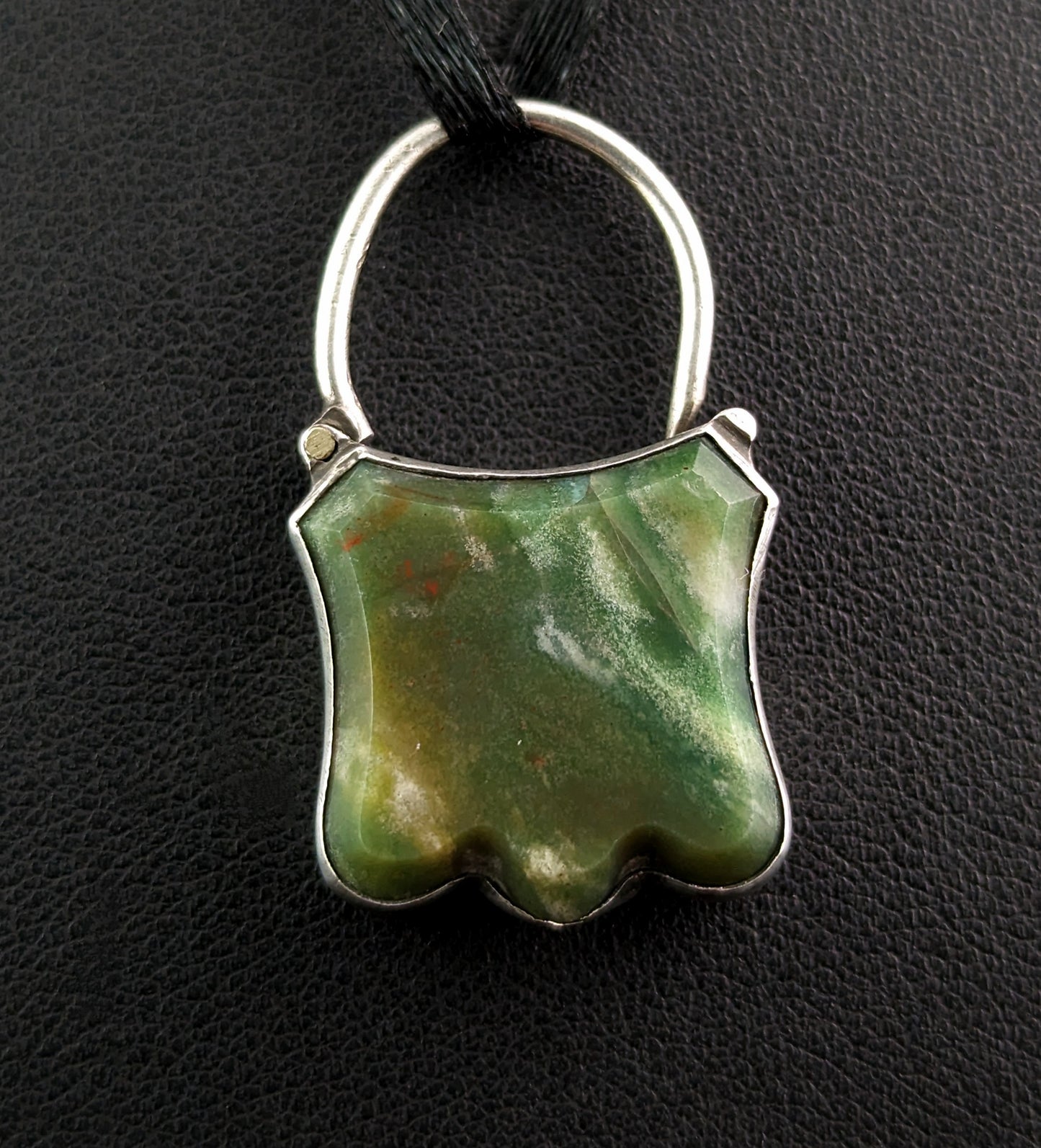 Antique silver padlock pendant, Green Jasper, Shield shaped, Victorian