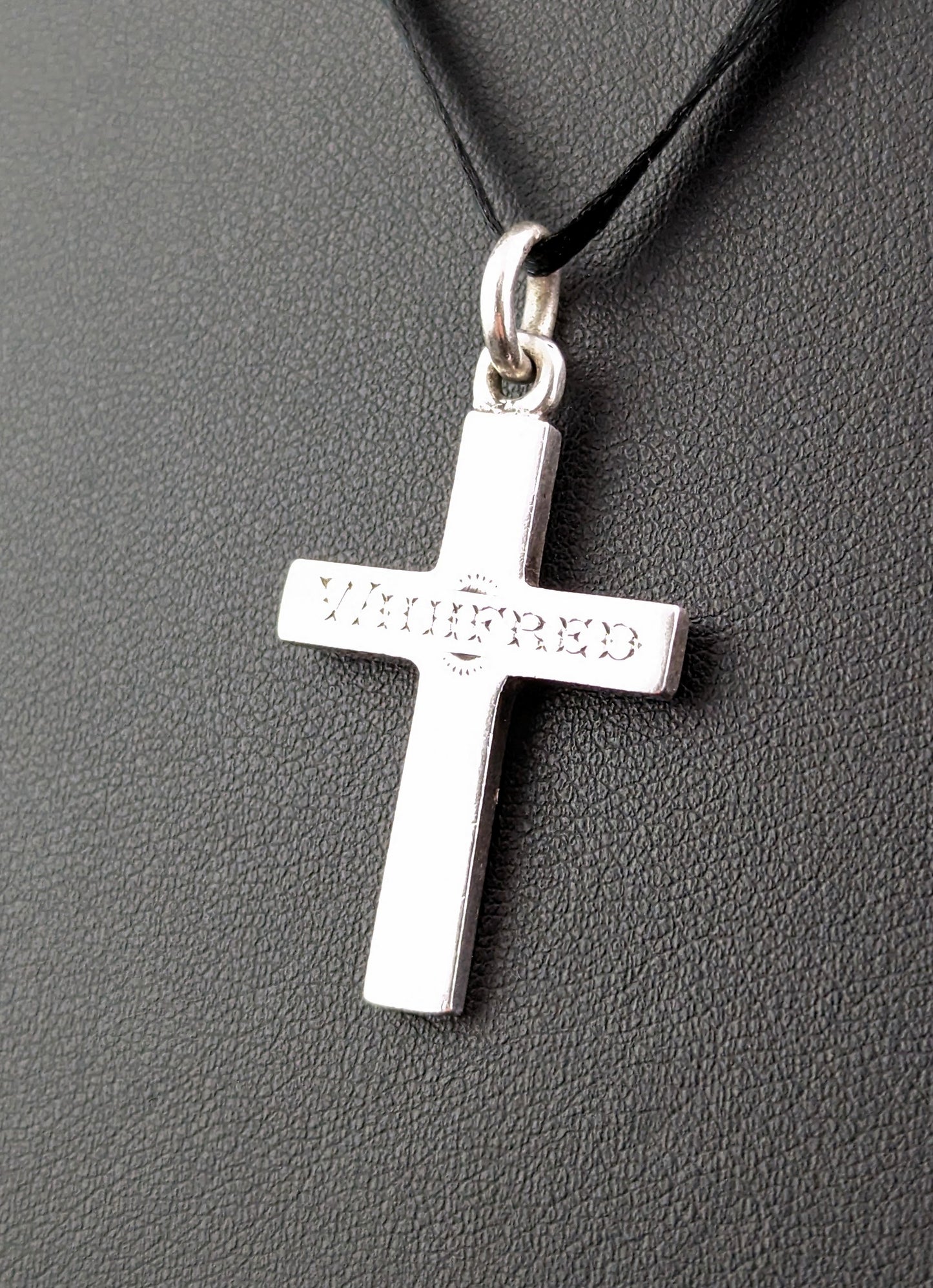 Antique Victorian silver cross pendant, mourning, Winifred