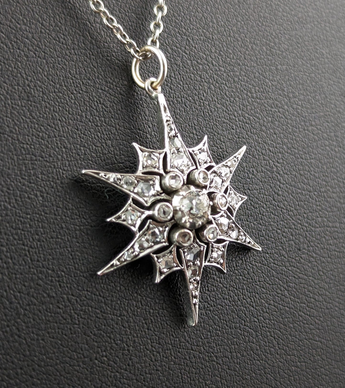 Antique Victorian Diamond Star pendant, Silver on gold, necklace