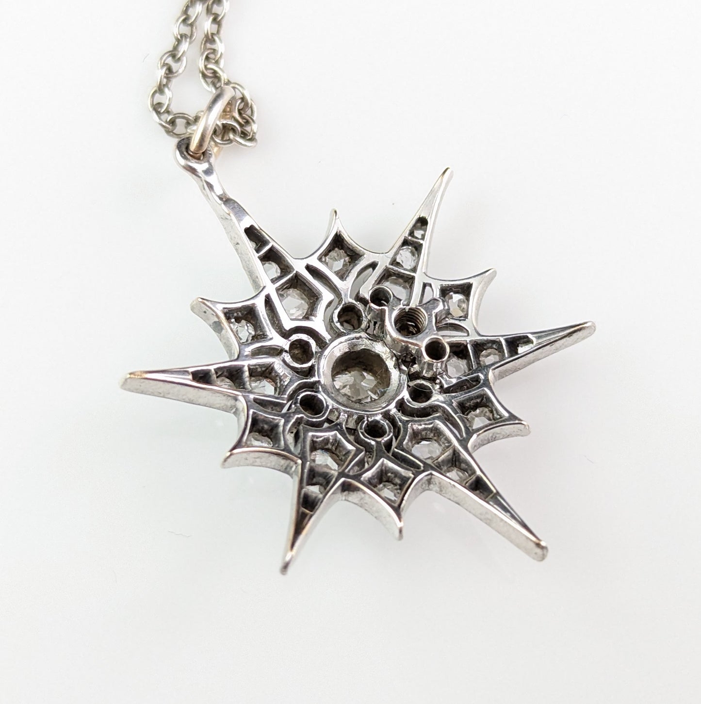 Antique Victorian Diamond Star pendant, Silver on gold, necklace