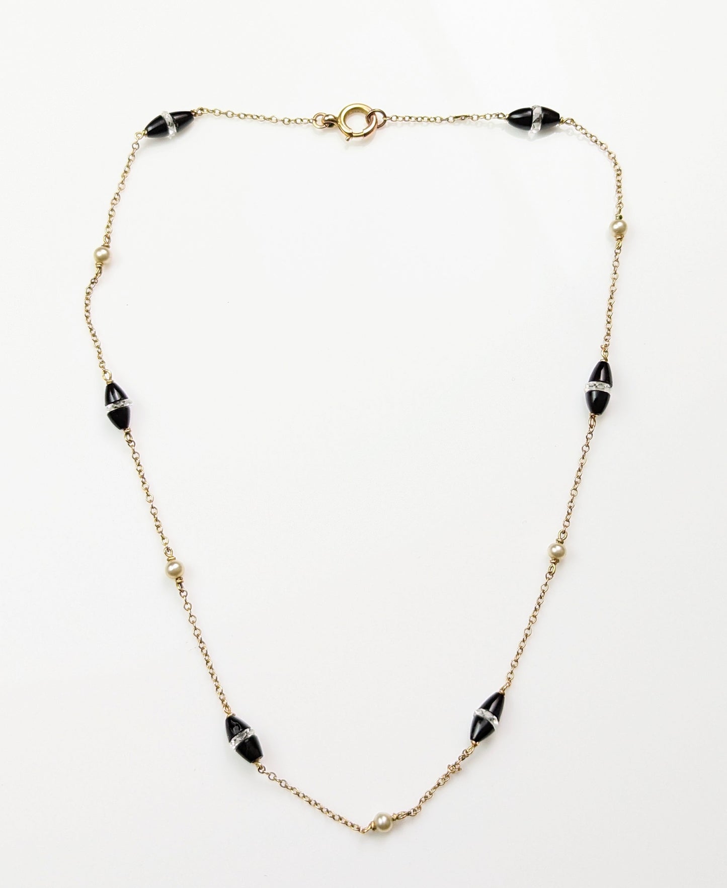 Antique Art Deco Onyx and Rock crystal station necklace, 9ct gold