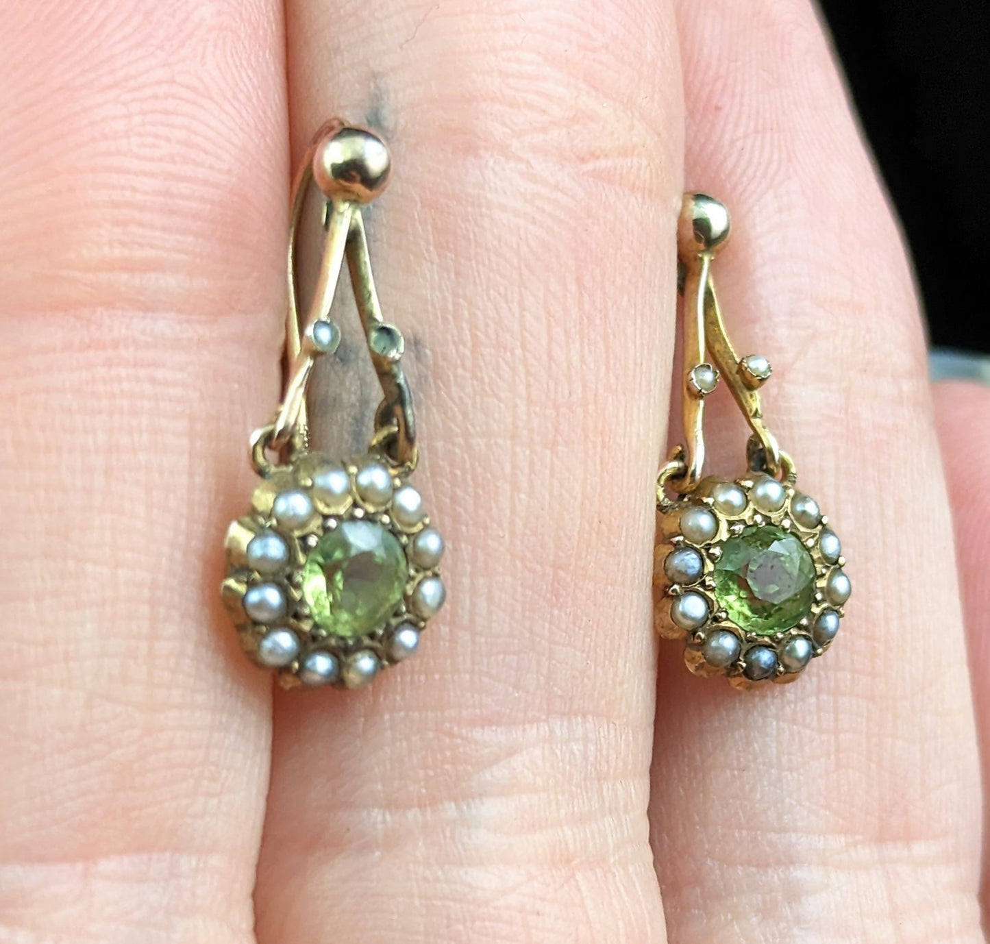Antique Peridot and Pearl earrings, 9k gold, Edwardian