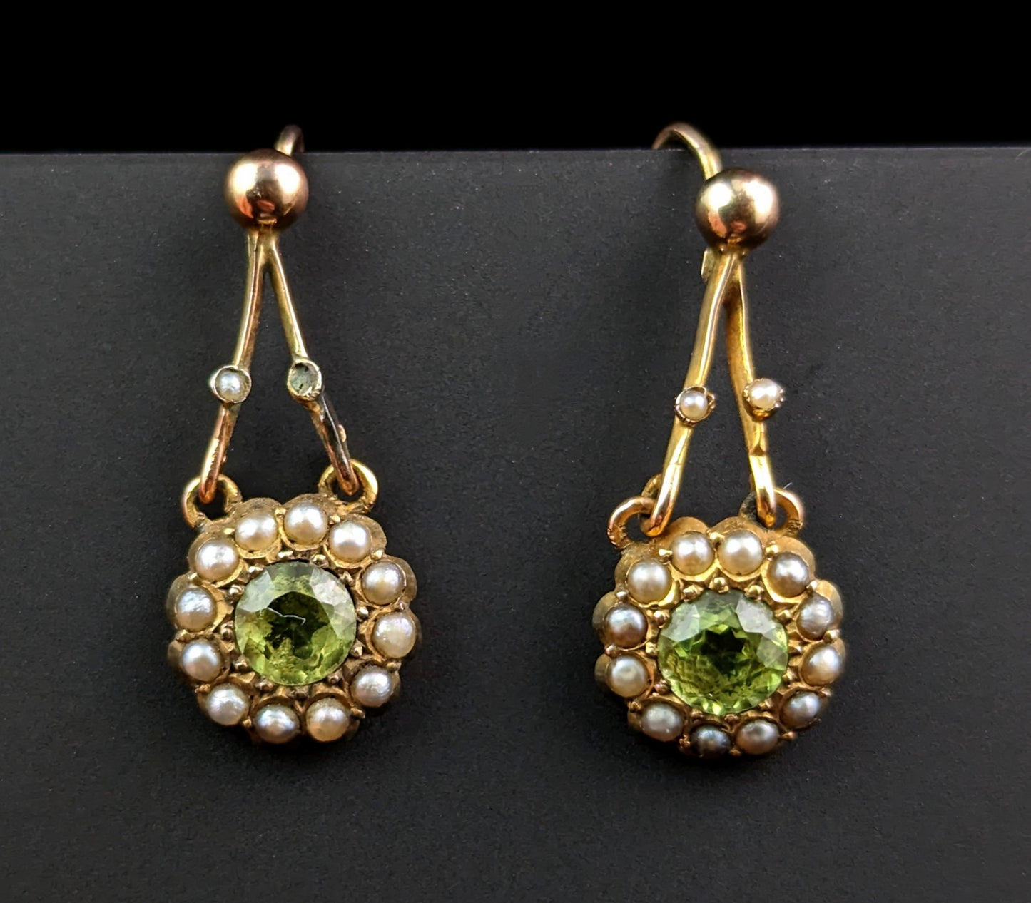 Antique Peridot and Pearl earrings, 9k gold, Edwardian