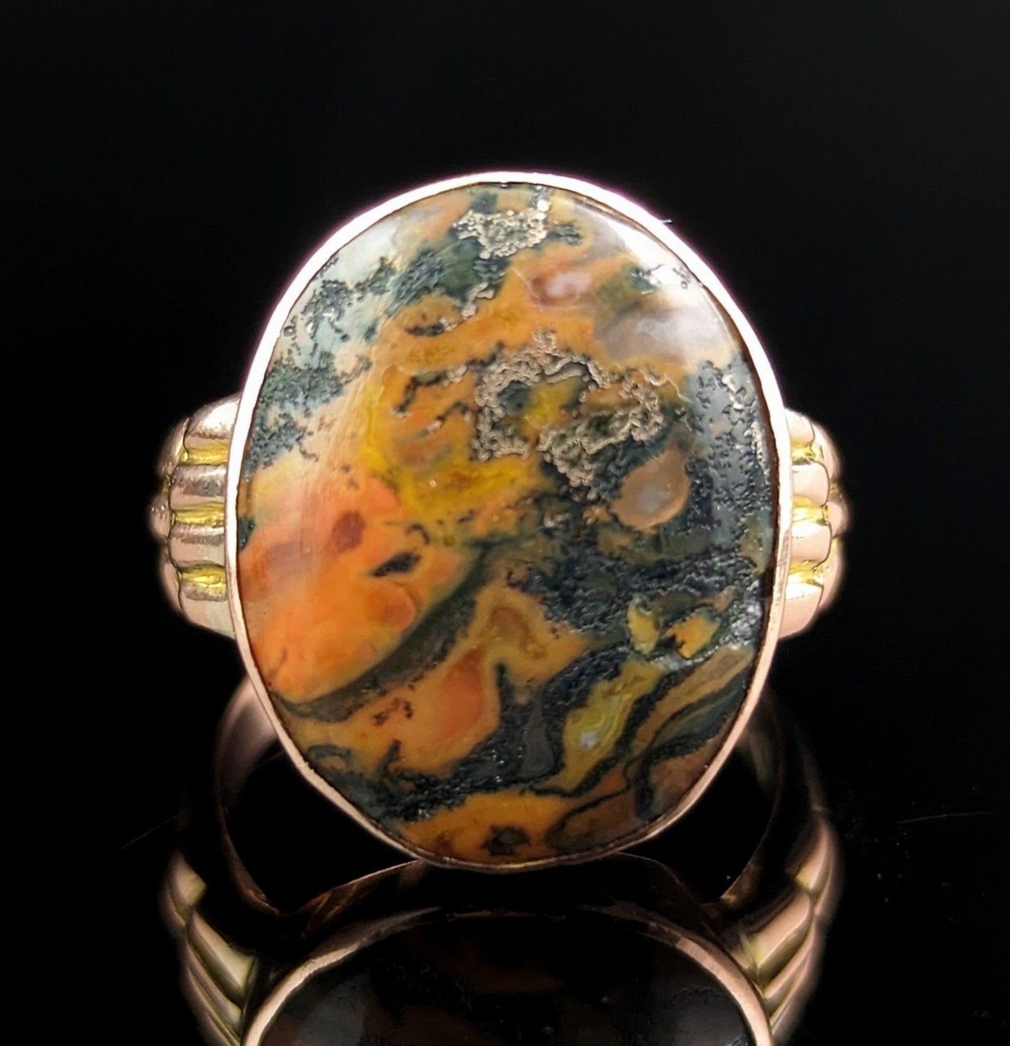 Antique Moss agate signet ring, 9k rose gold