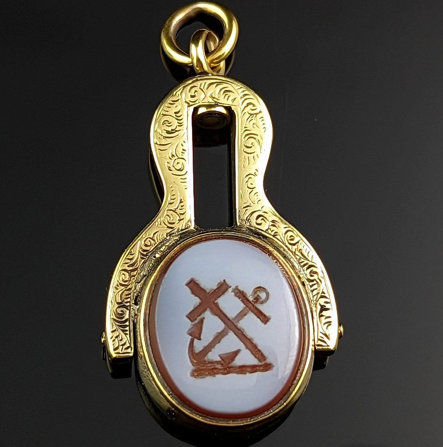 Antique Faith and Hope seal fob pendant, 9ct gold, Sardonyx and Bloodstone