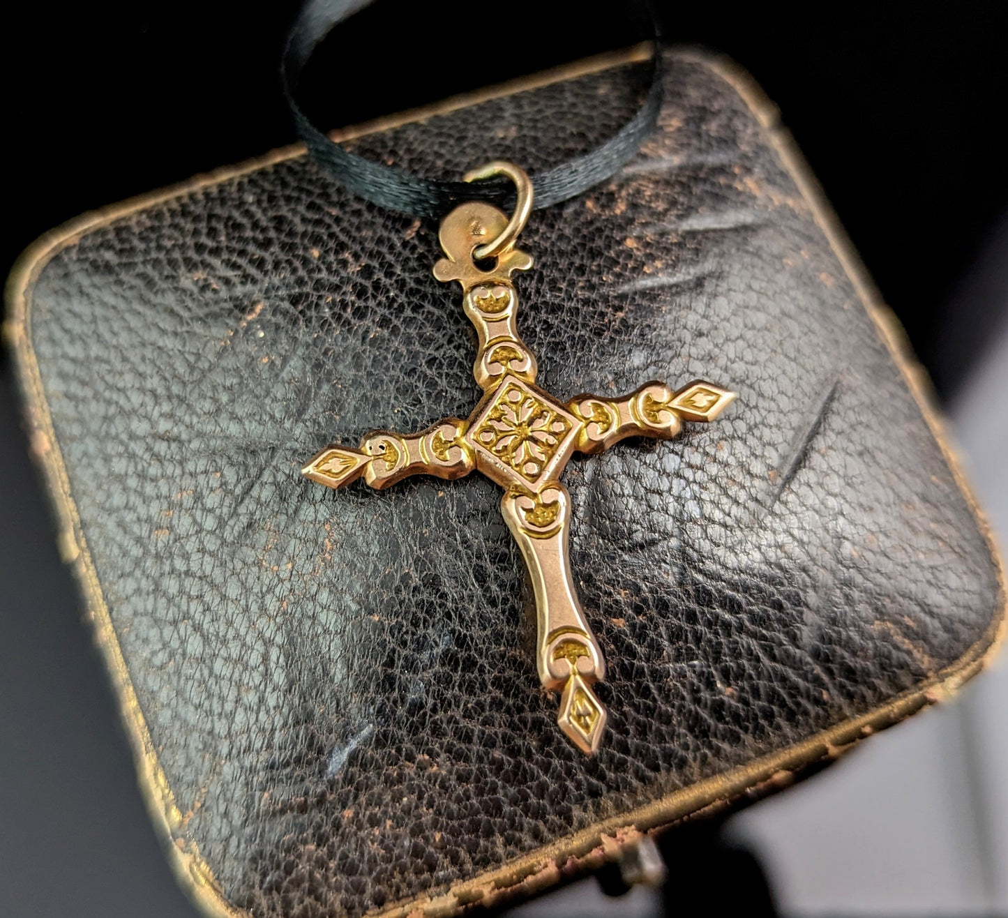 Antique 9ct gold German cross pendant, floral