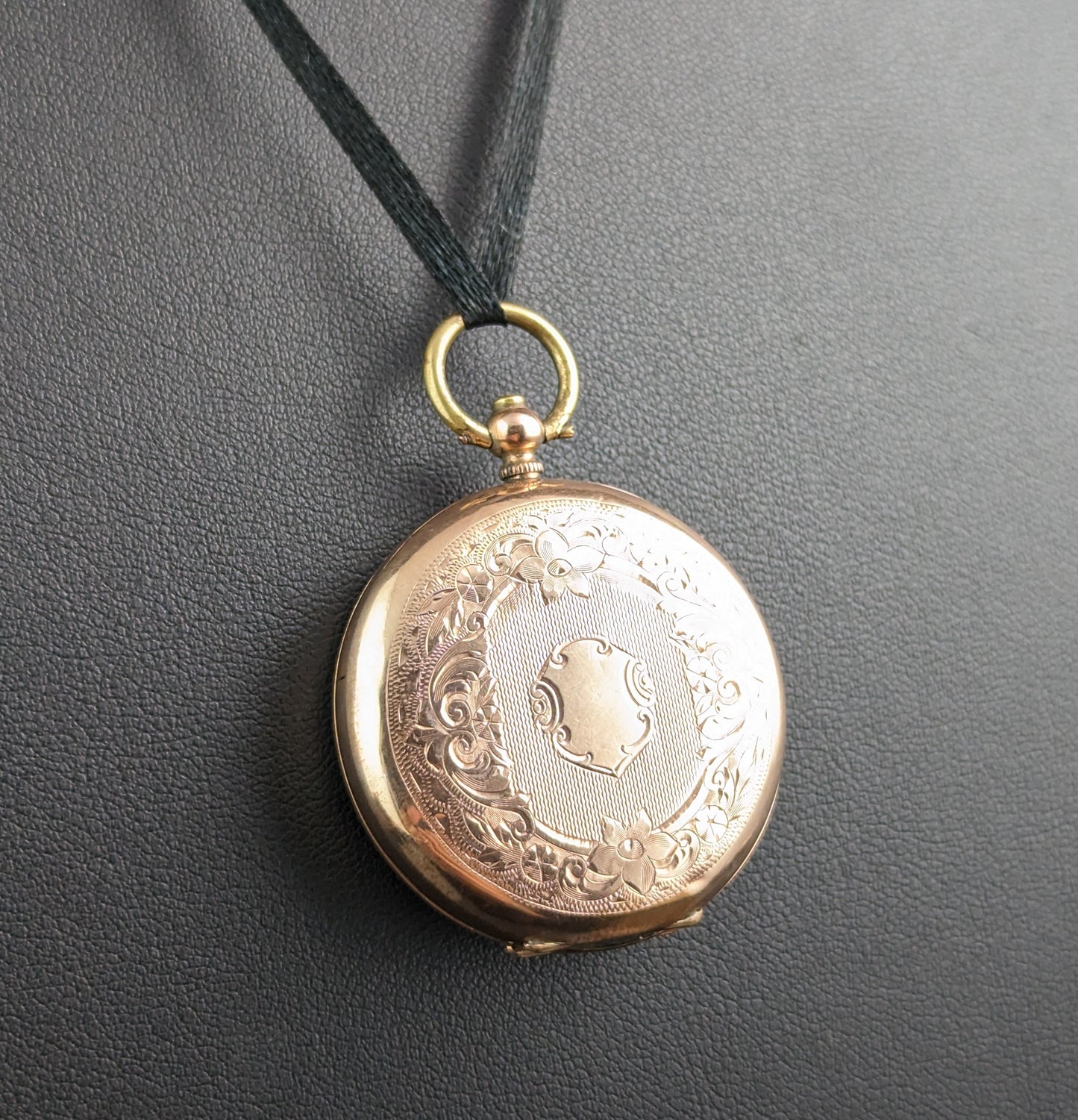 Antique 9ct gold ladies pocket watch, floral, fob watch