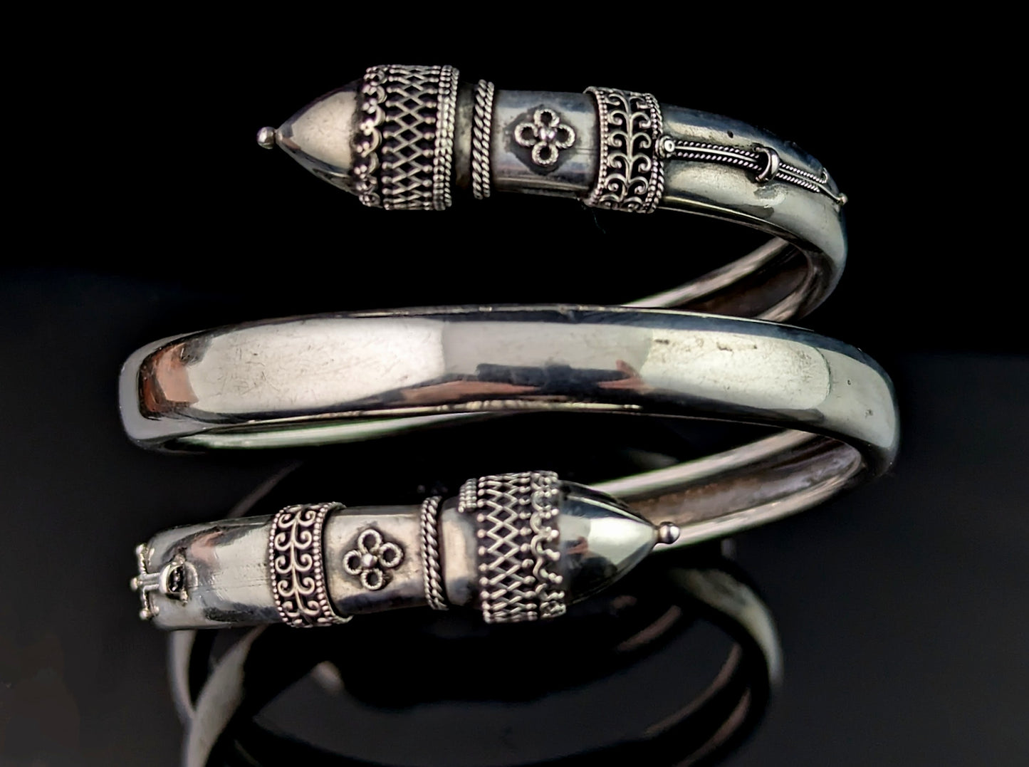 Antique Victorian silver bypass bangle, Etruscan revival