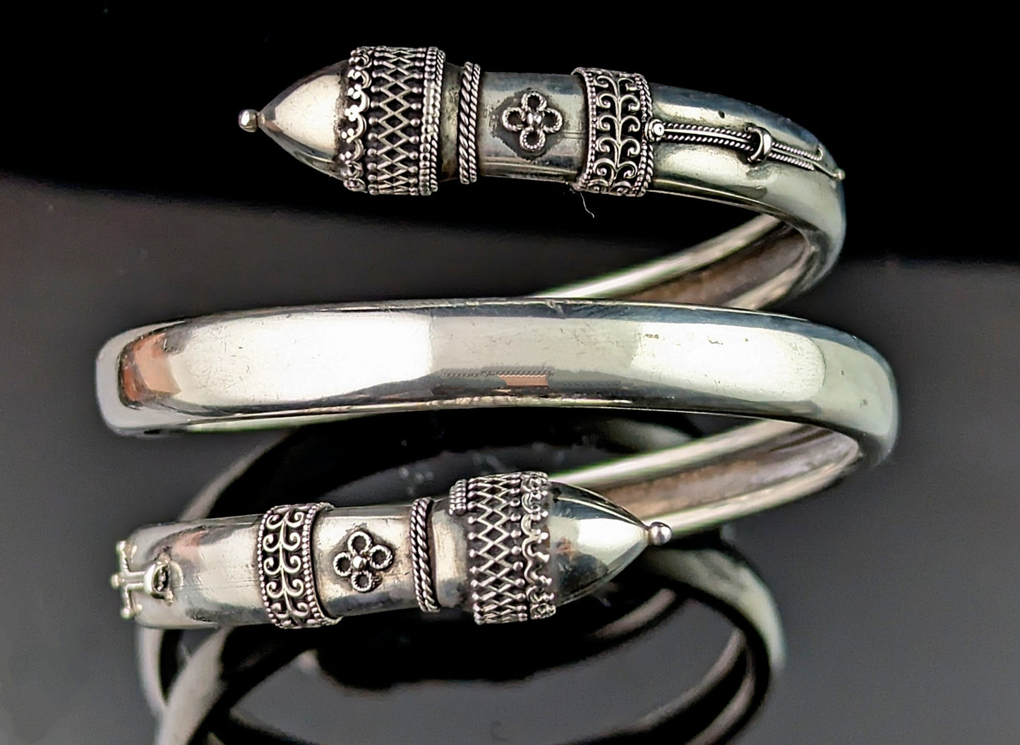 Antique Victorian silver bypass bangle, Etruscan revival