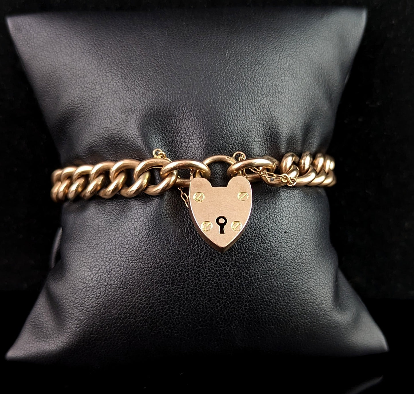 Antique 9ct gold curb link bracelet, Edwardian, Heart padlock