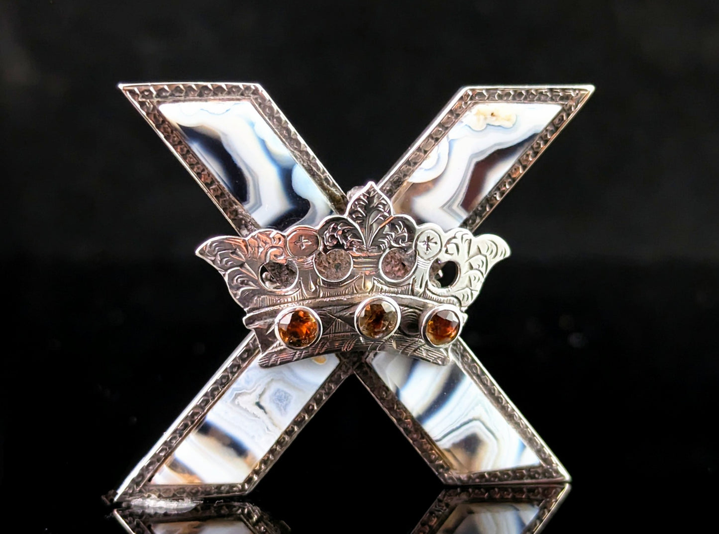 Antique Scottish agate Saltire cross and crown brooch, Citrine, Victorian