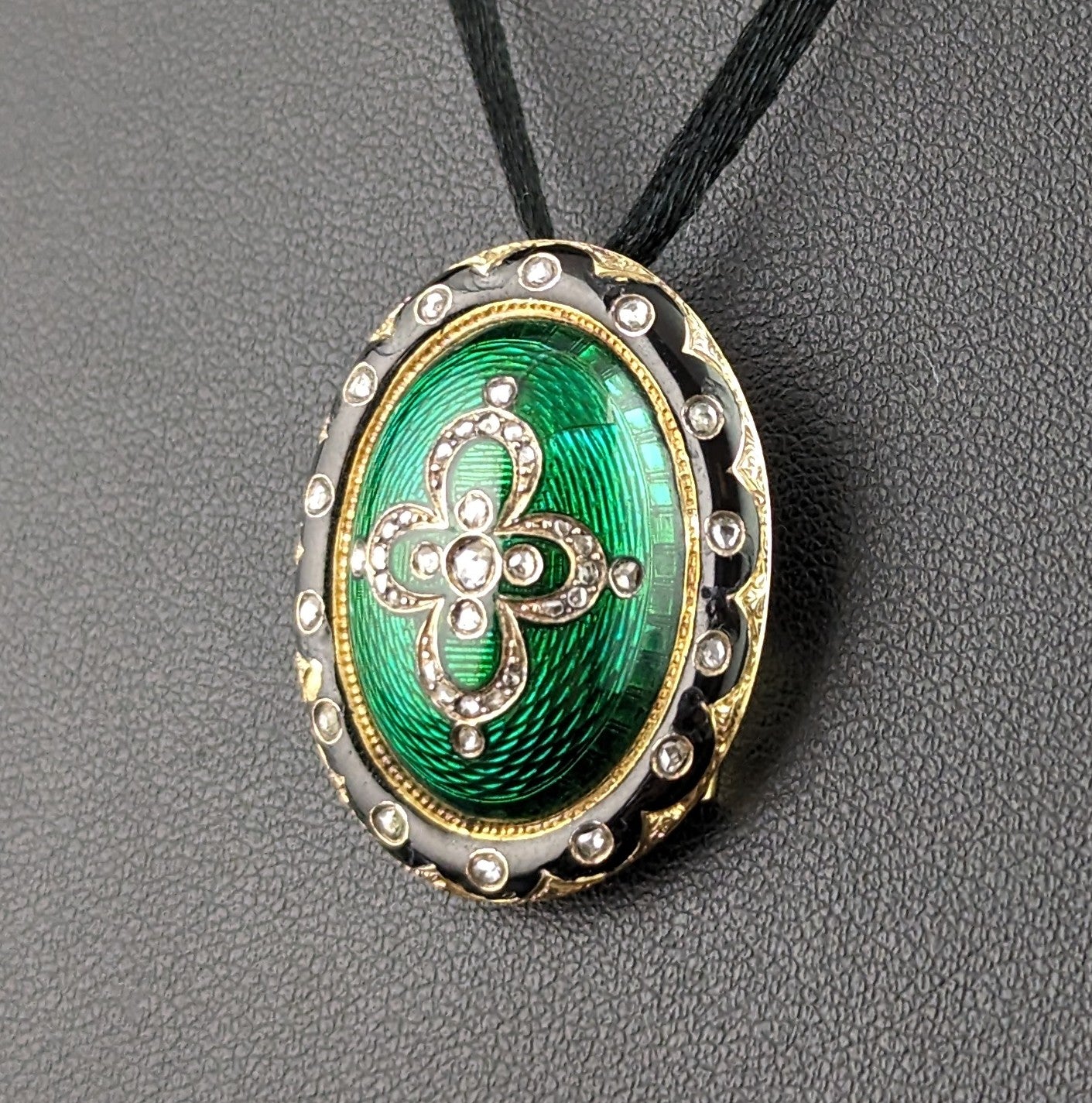 Antique Diamond and Green guilloche enamel pendant, 18ct gold, Victorian