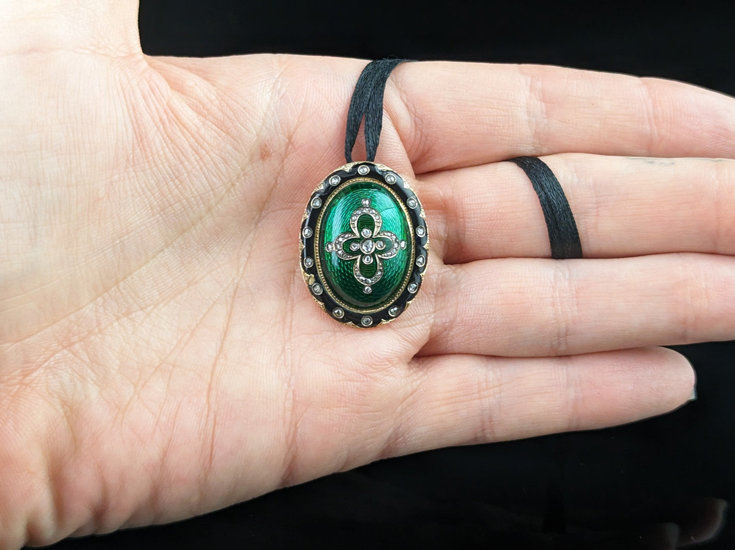 Antique Diamond and Green guilloche enamel pendant, 18ct gold, Victorian