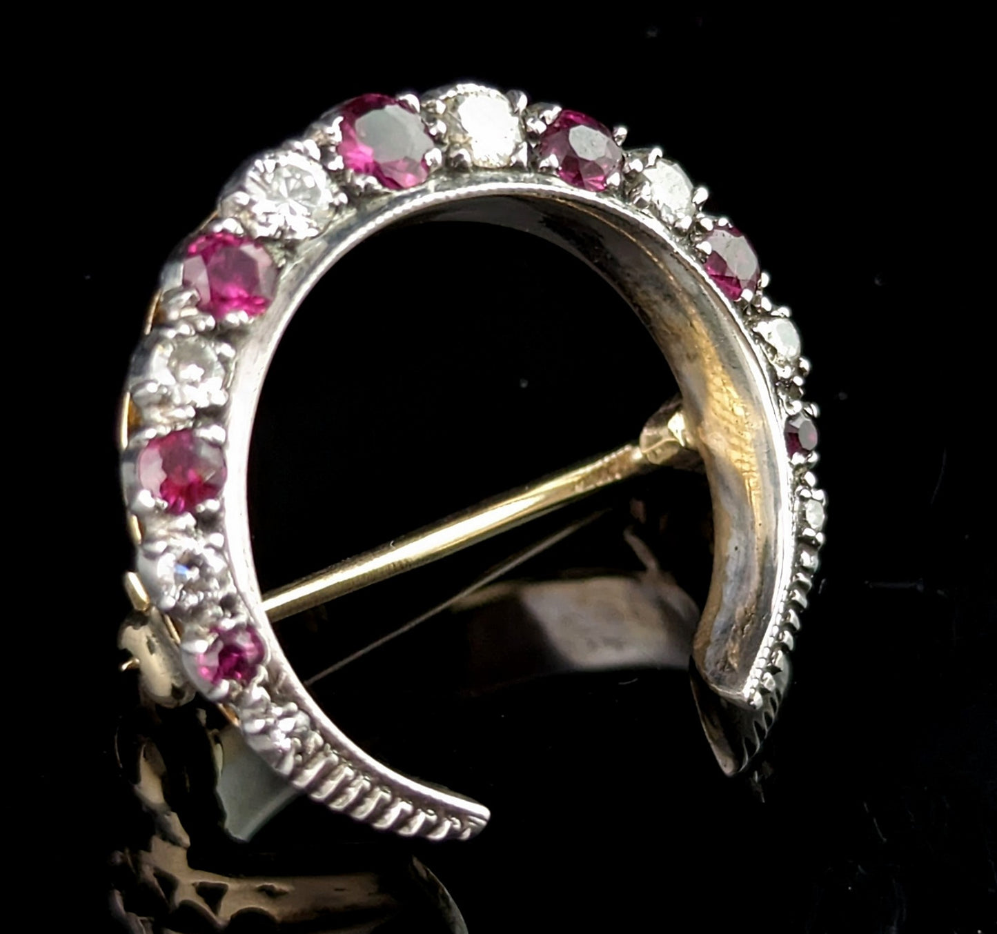 Antique Ruby and Diamond crescent brooch, silver and 9k gold