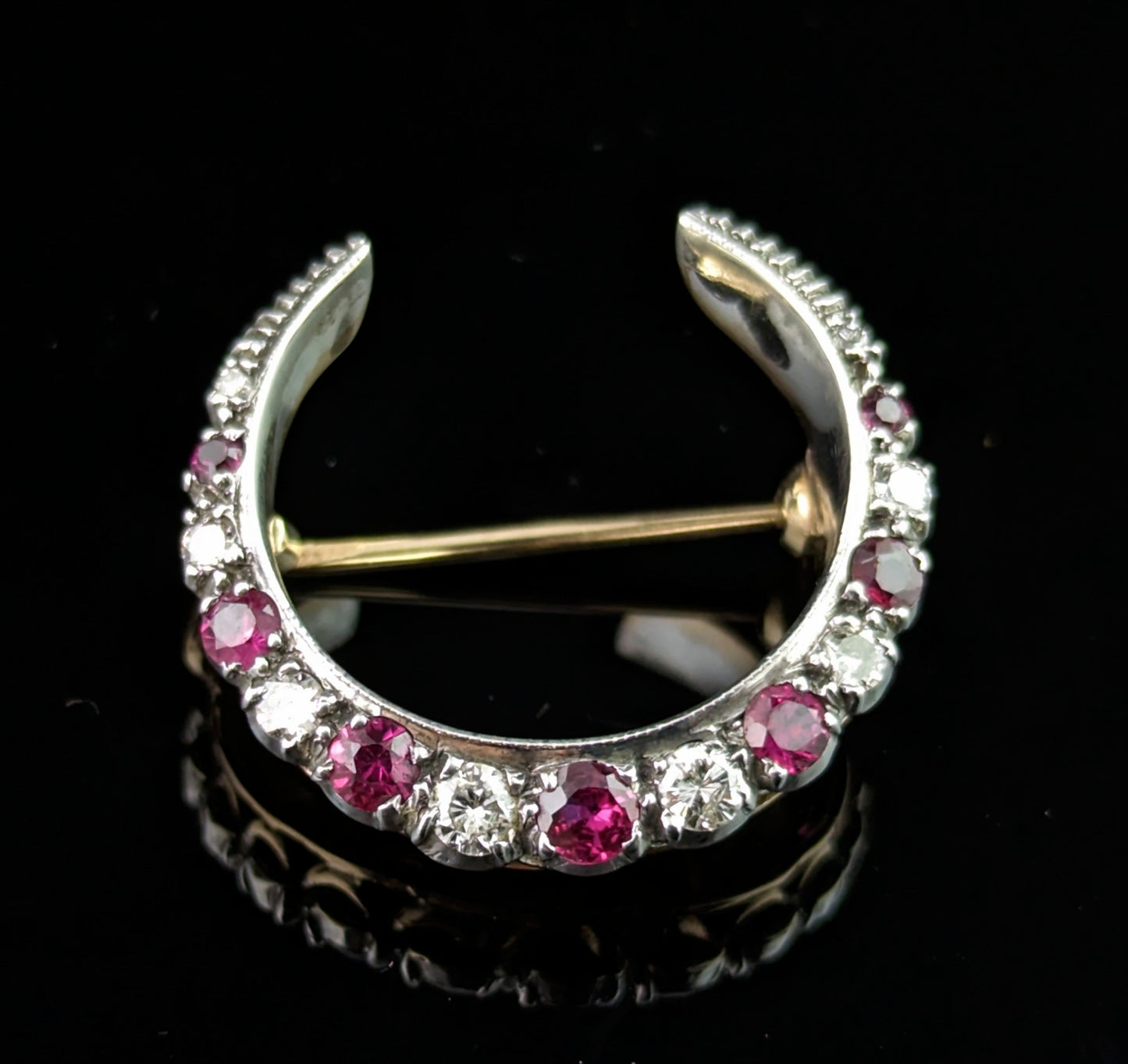 Antique Ruby and Diamond crescent brooch, silver and 9k gold