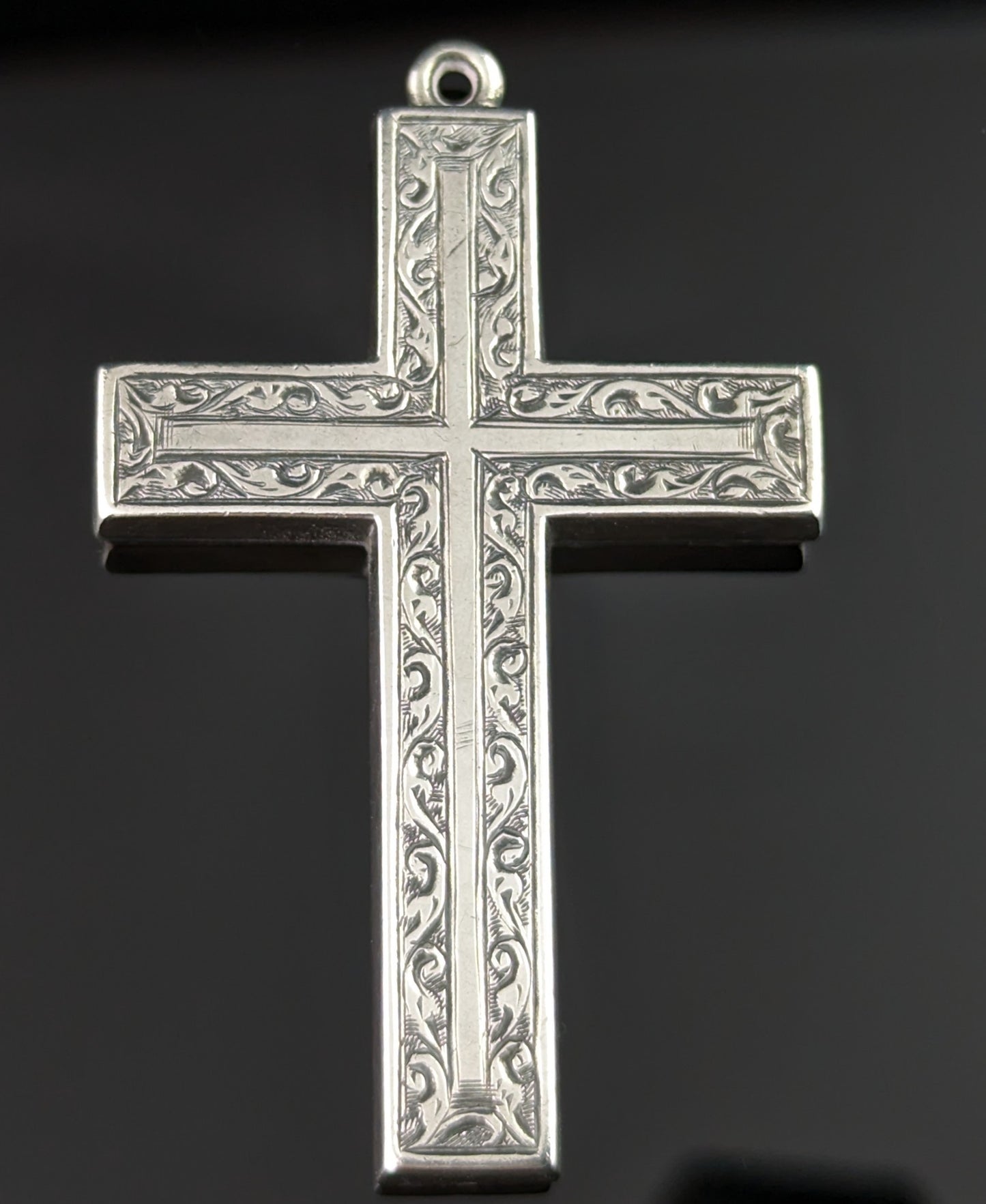 Antique silver cross pendant, large, engraved