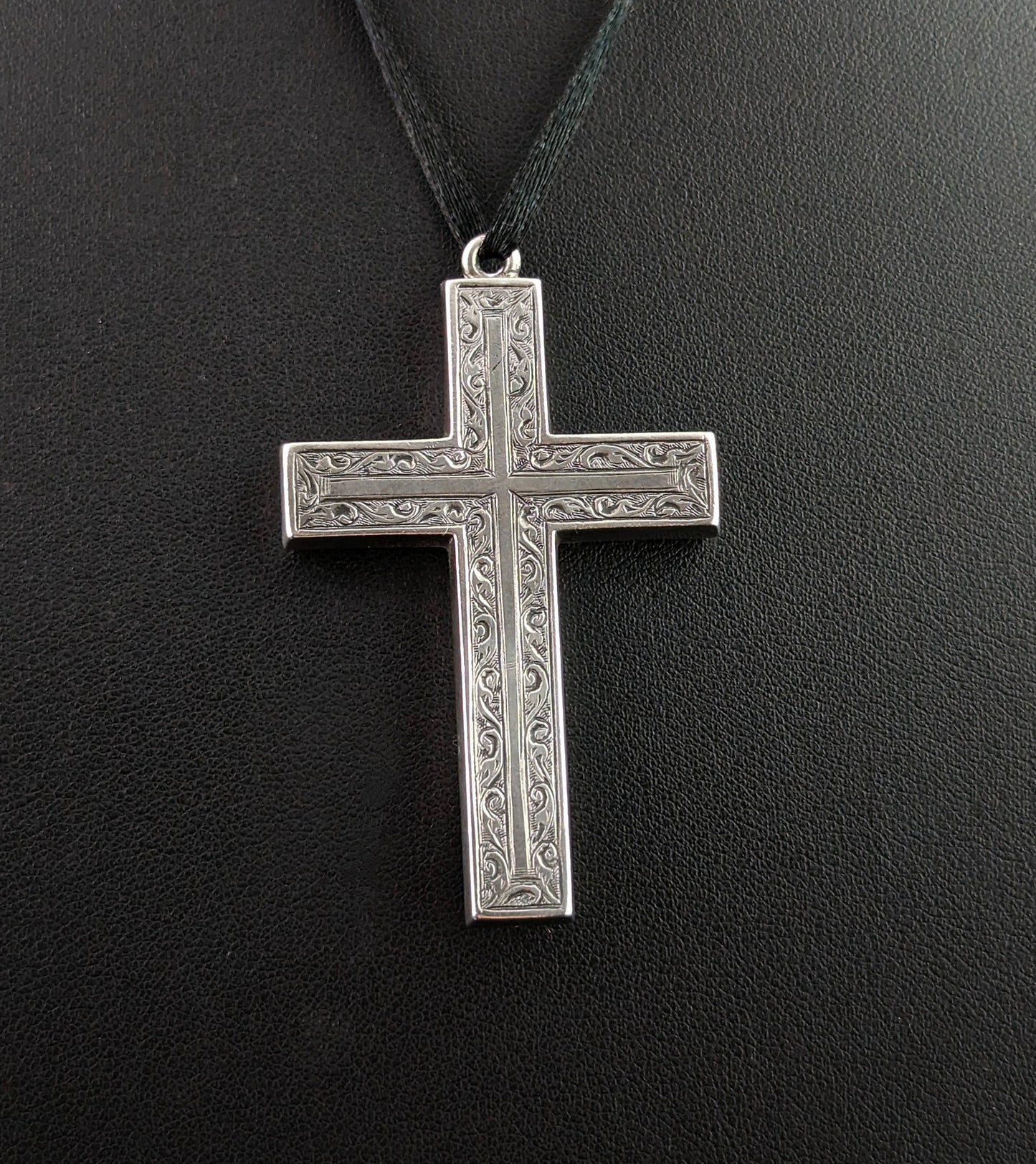 Antique silver cross pendant, large, engraved