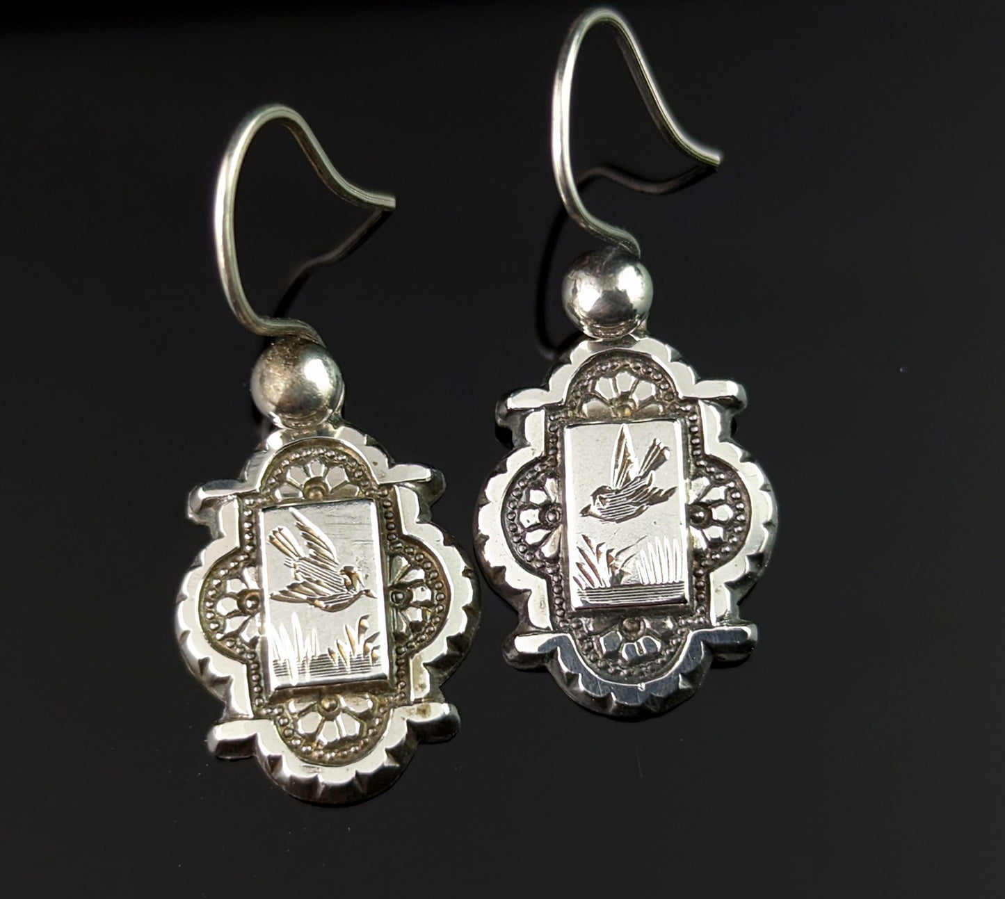 Antique Sterling silver Swallow earrings, Aesthetic era