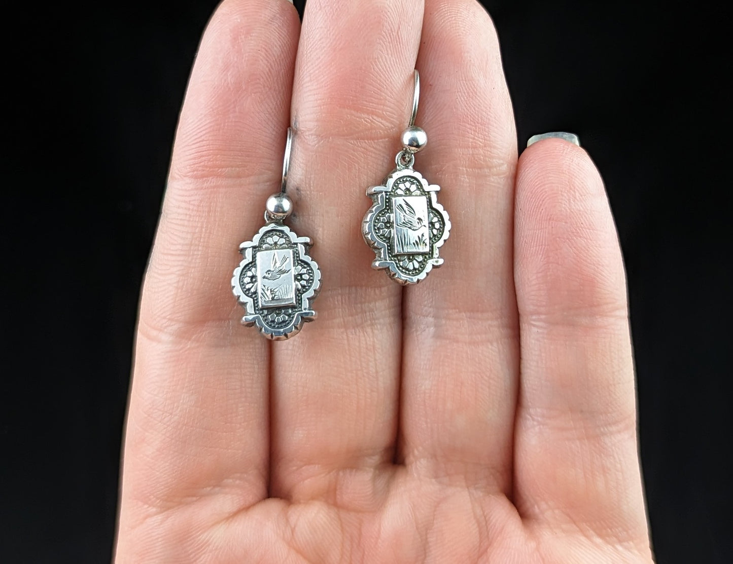 Antique Sterling silver Swallow earrings, Aesthetic era
