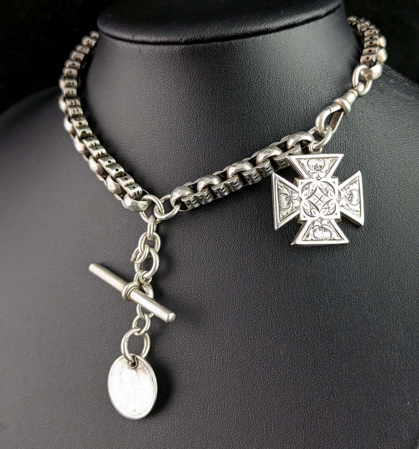 Antique silver Albert chain, fancy link, Cross and coin fob