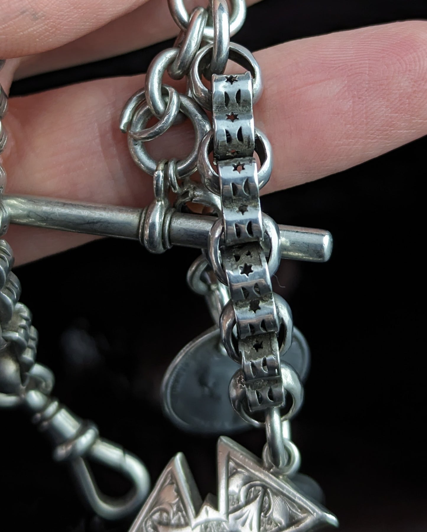 Antique silver Albert chain, fancy link, Cross and coin fob