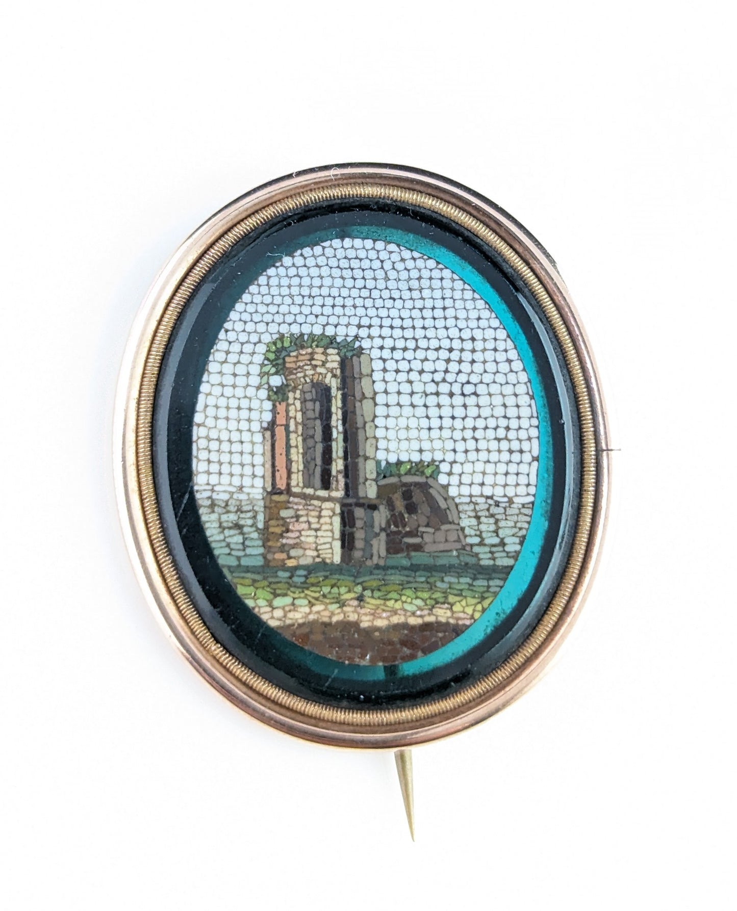 Antique Georgian Micro Mosaic brooch, Grand Tour, 9ct gold and Green glass