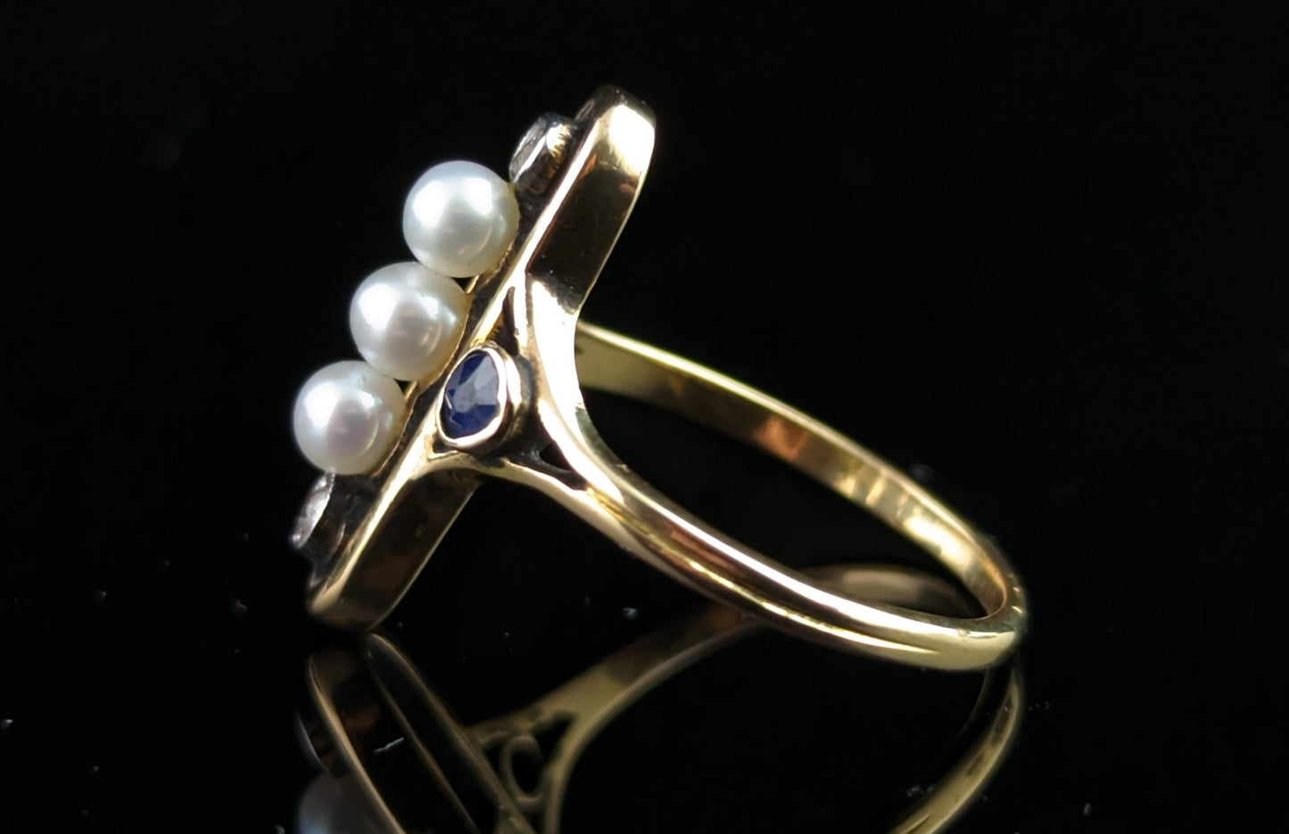 Antique Sapphire, Diamond and pearl lozenge ring, 18ct gold, Art Nouveau