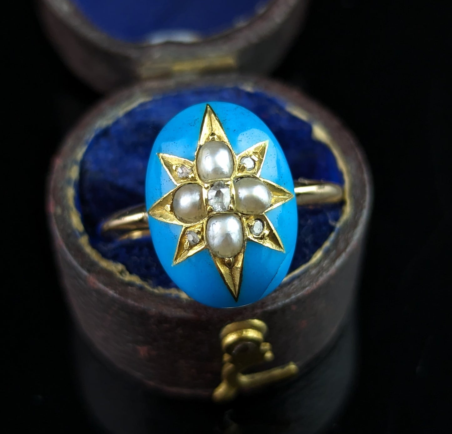 Antique blue enamel star ring, Diamond and pearl, 18ct gold, Victorian
