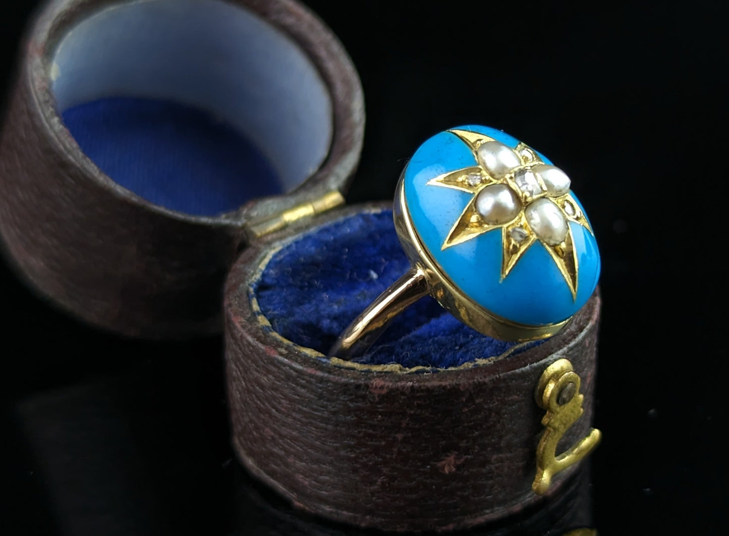 Antique blue enamel star ring, Diamond and pearl, 18ct gold, Victorian