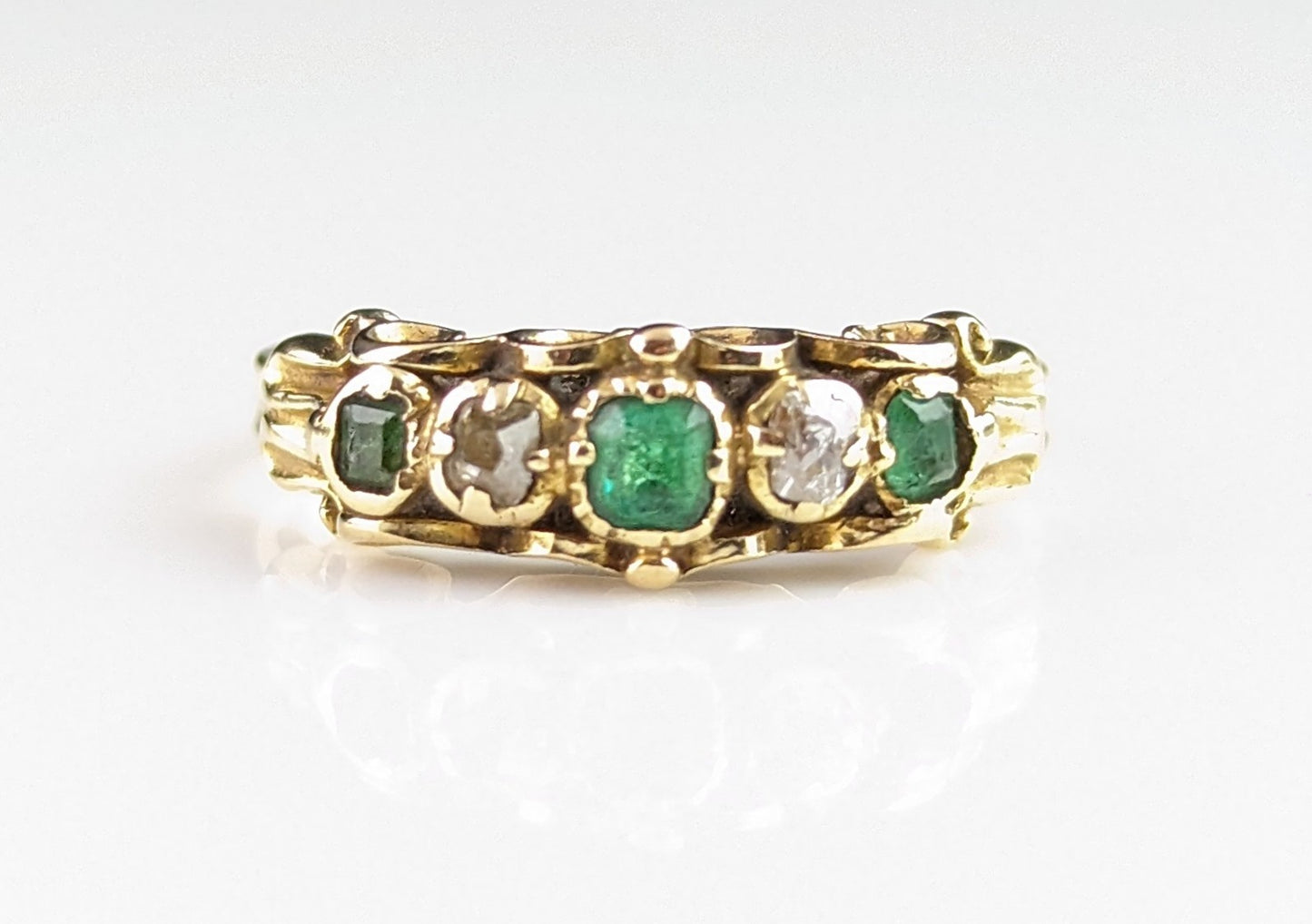 Antique Emerald and old cut diamond ring, 18ct gold, Victorian five stone