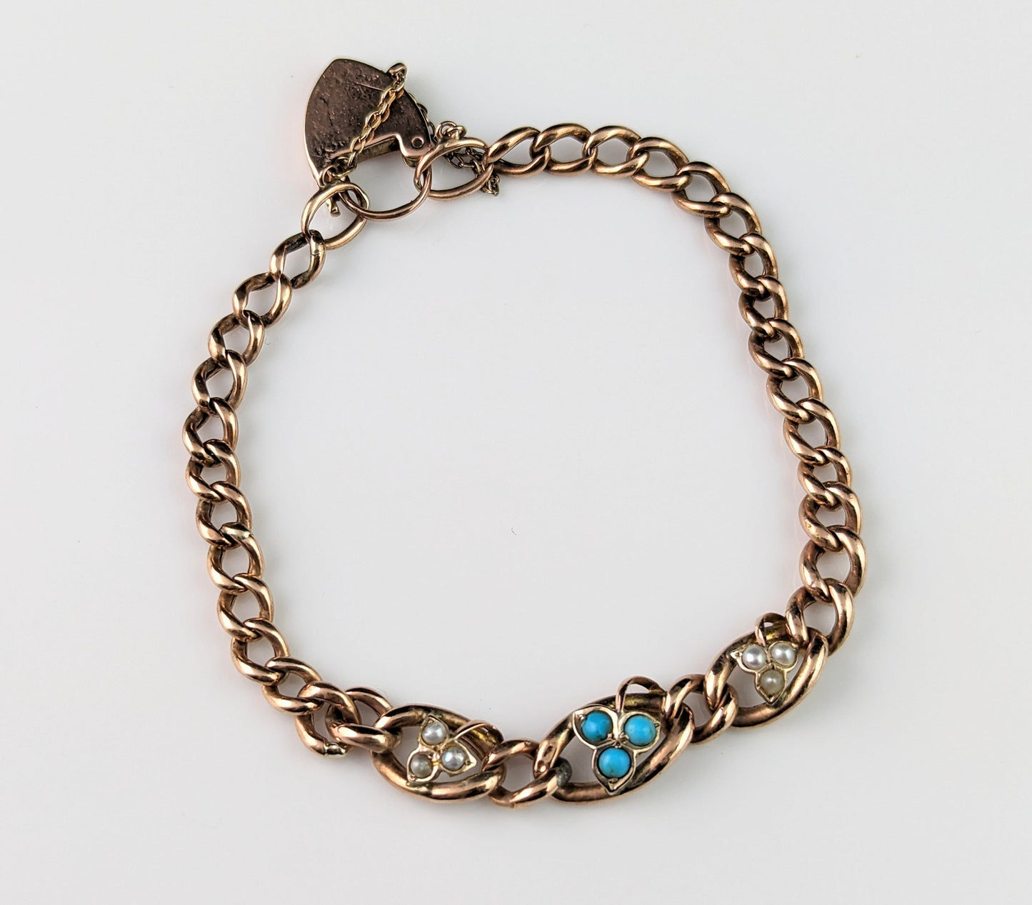 Antique 9ct gold curb bracelet, Turquoise and pearl leaves, Edwardian