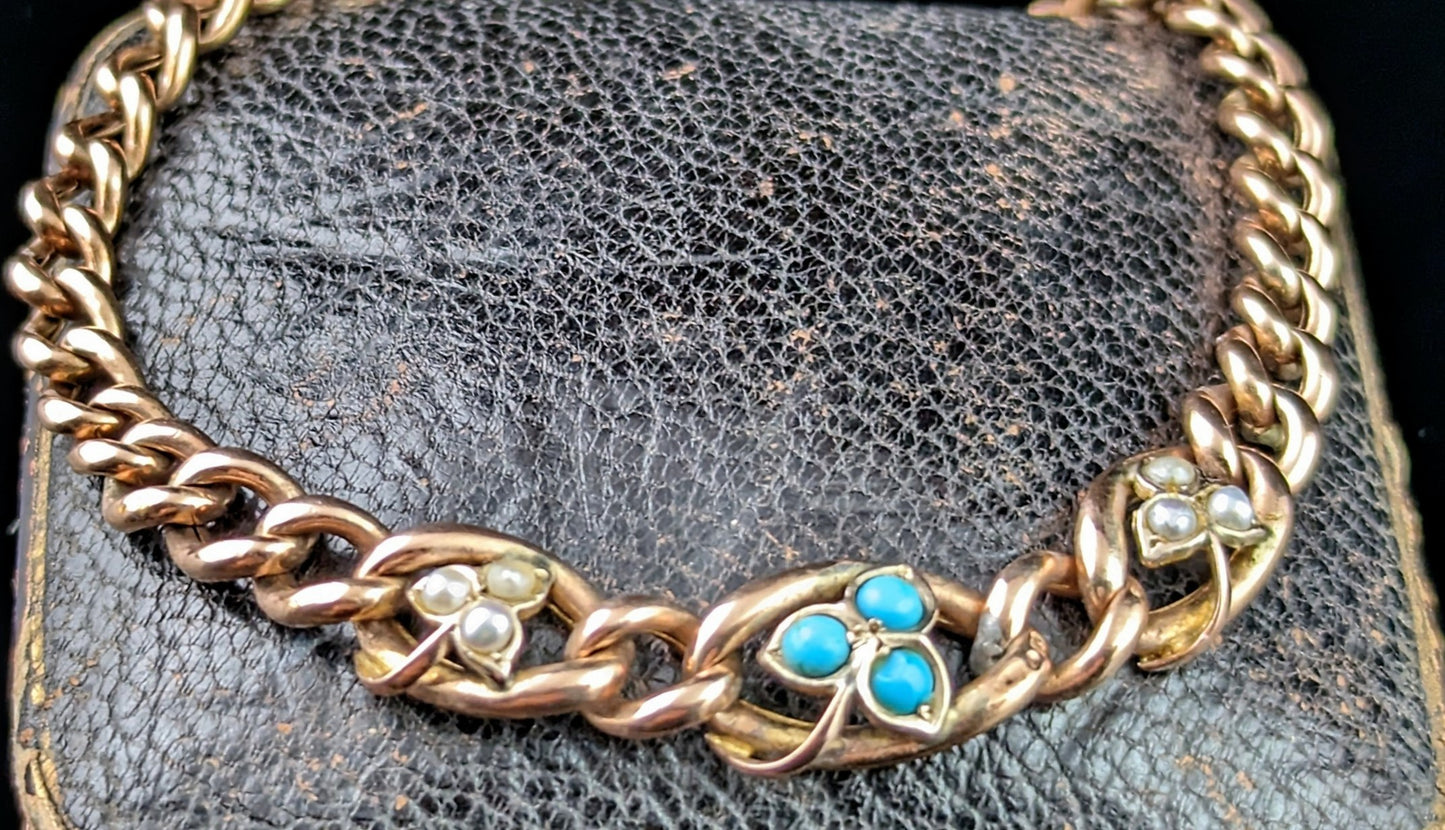 Antique 9ct gold curb bracelet, Turquoise and pearl leaves, Edwardian