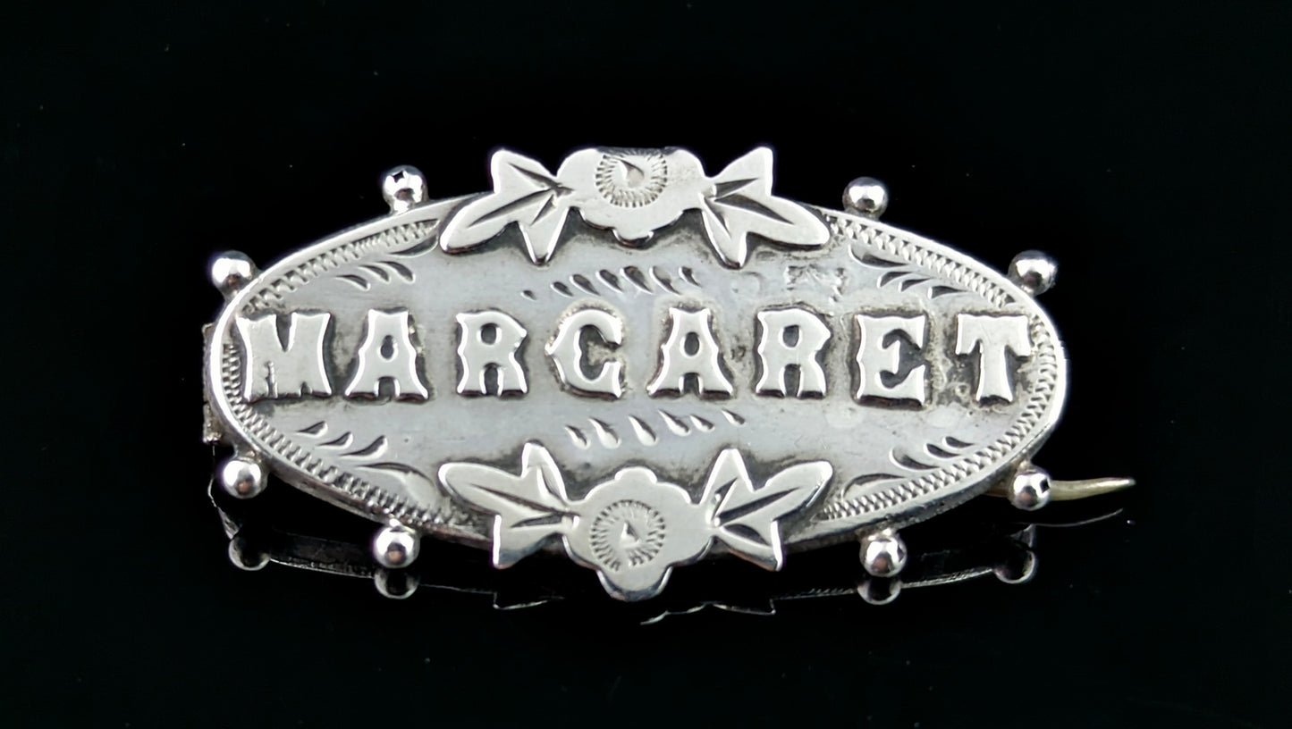 Antique Victorian silver name brooch, Margaret