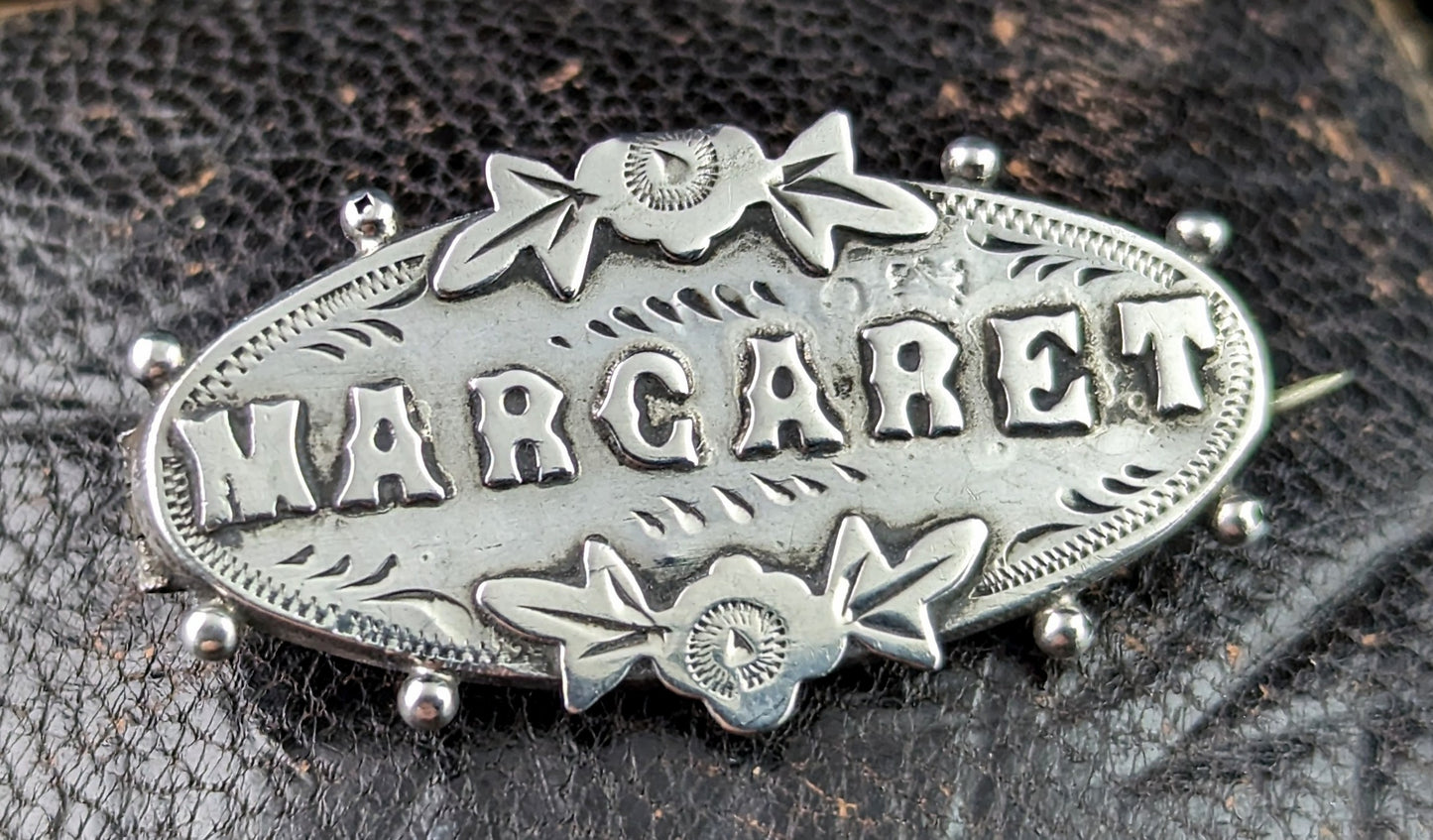 Antique Victorian silver name brooch, Margaret