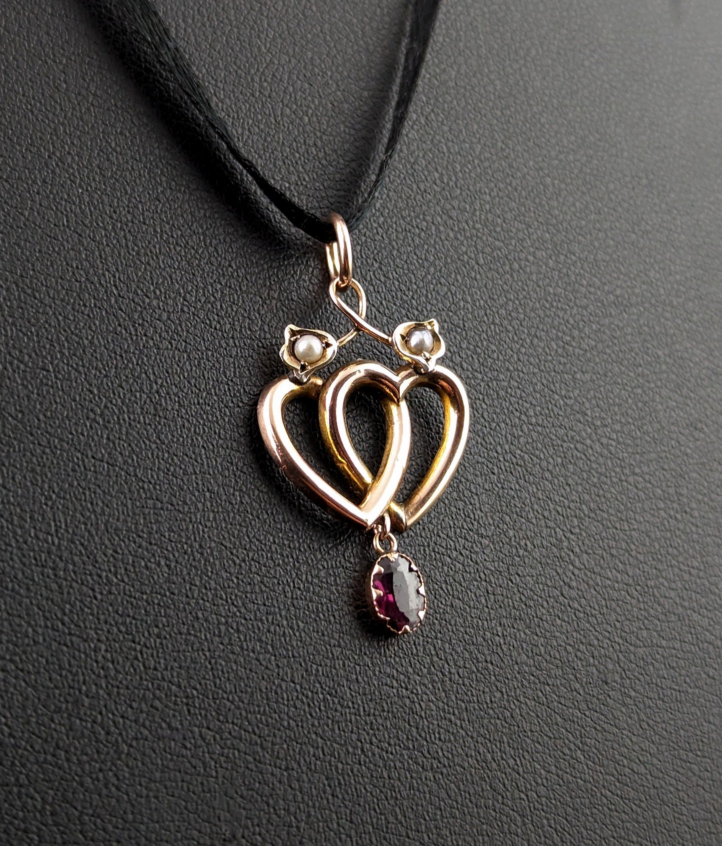 Antique 9ct gold double heart dropper pendant, Garnet and pearl