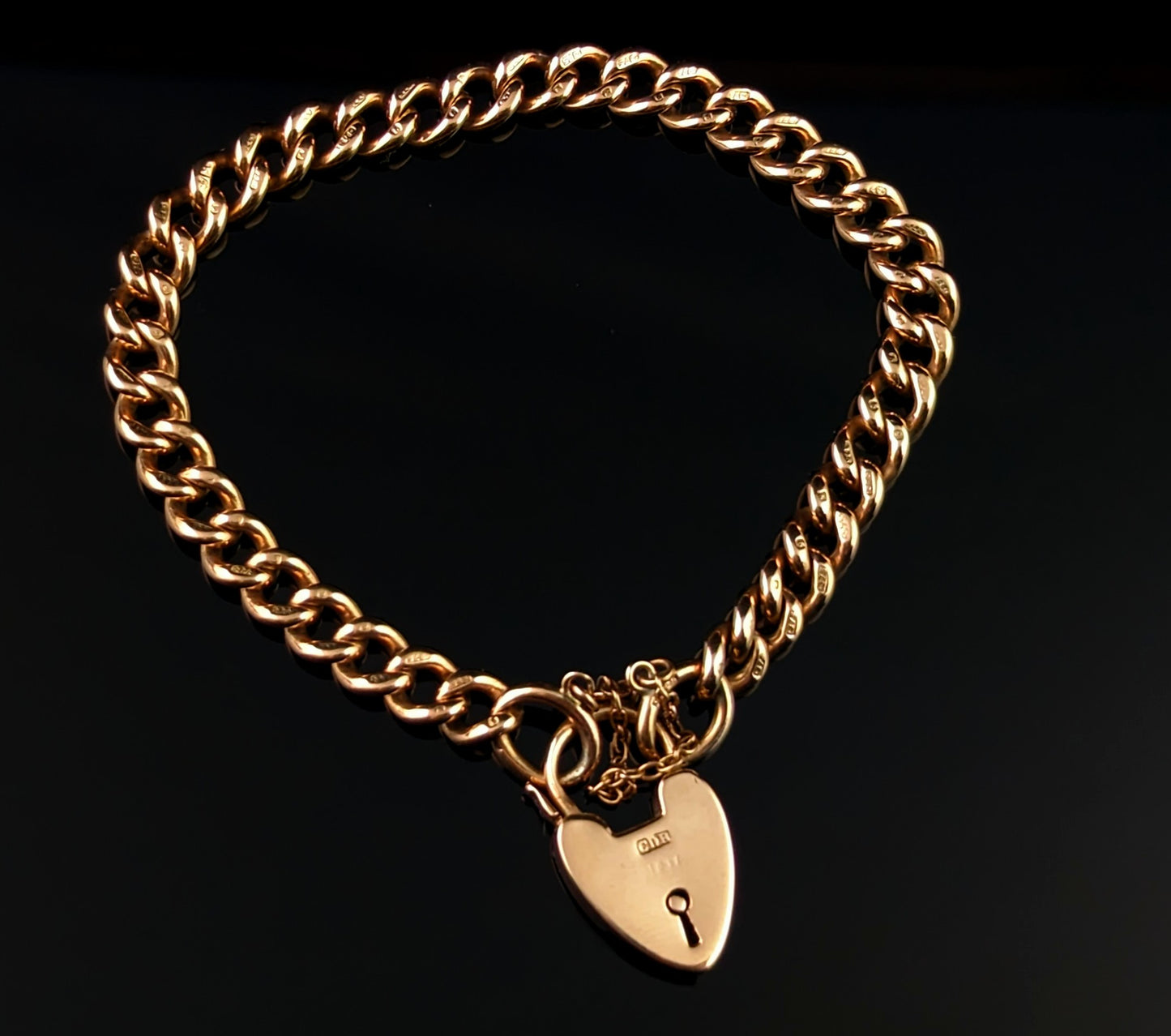 Antique 9ct solid gold curb bracelet, Edwardian, heart padlock clasp