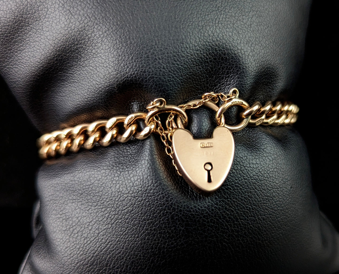 Antique 9ct solid gold curb bracelet, Edwardian, heart padlock clasp