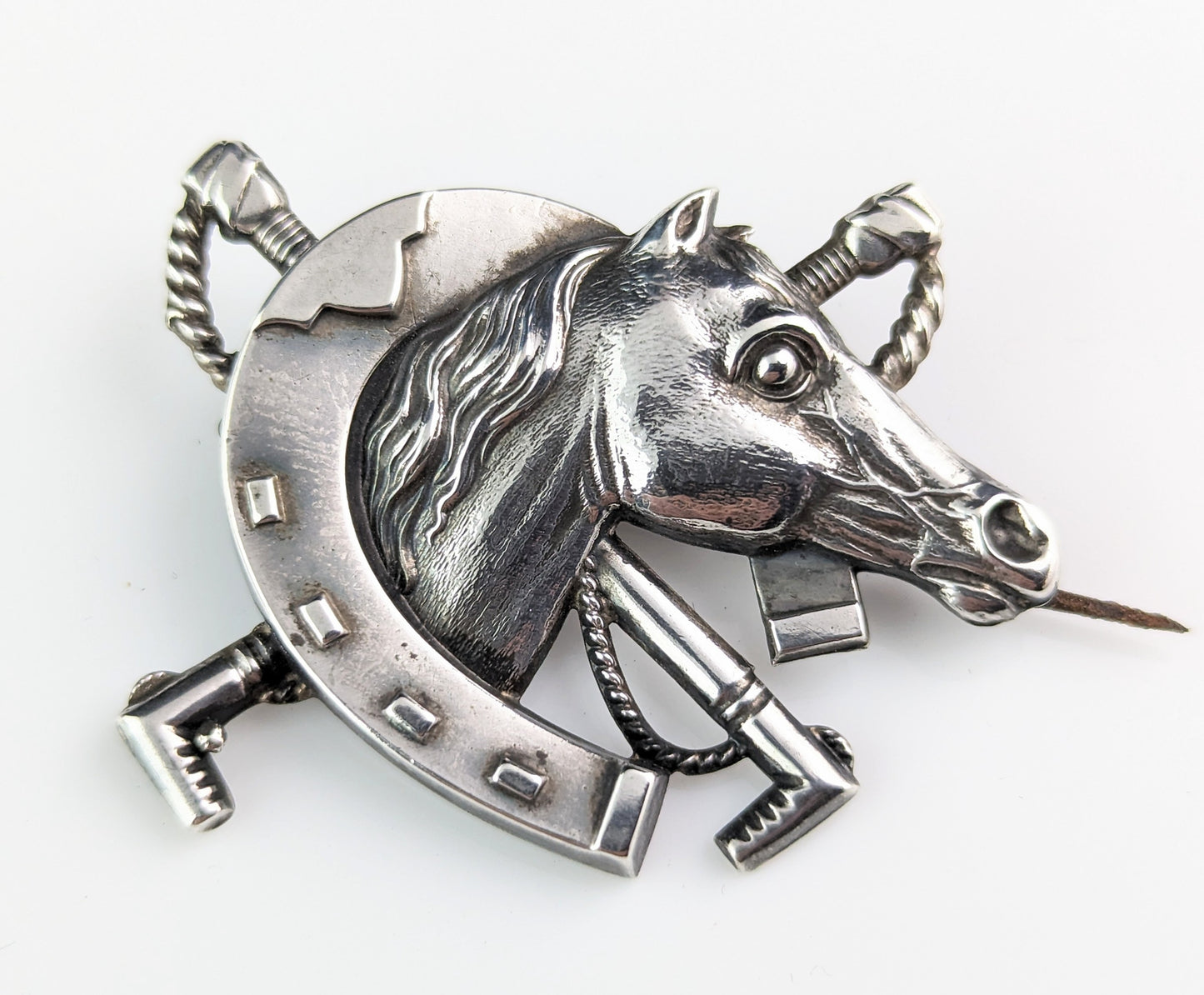 Antique silver horseshoe, horse and crop brooch, Victorian