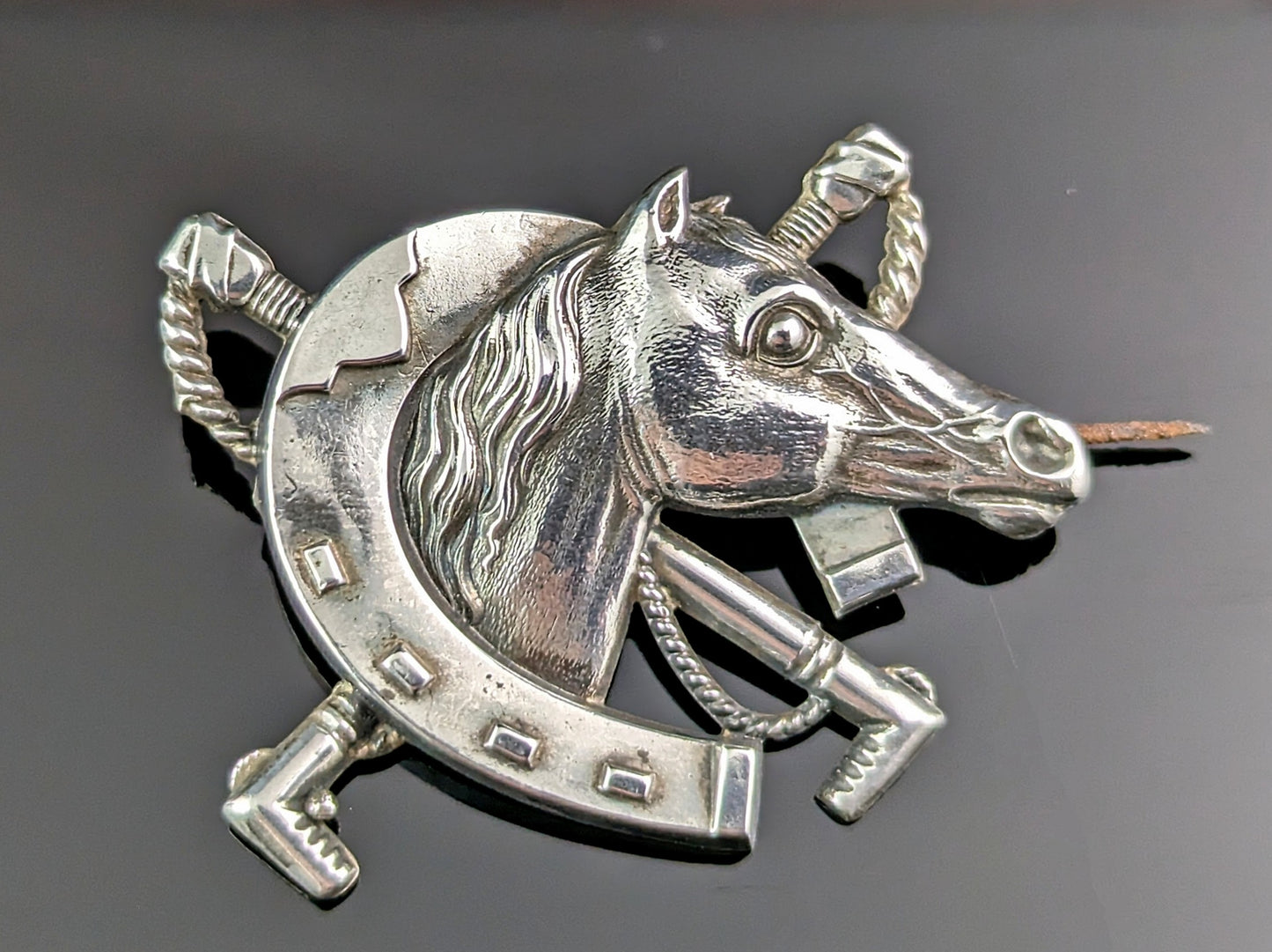 Antique silver horseshoe, horse and crop brooch, Victorian