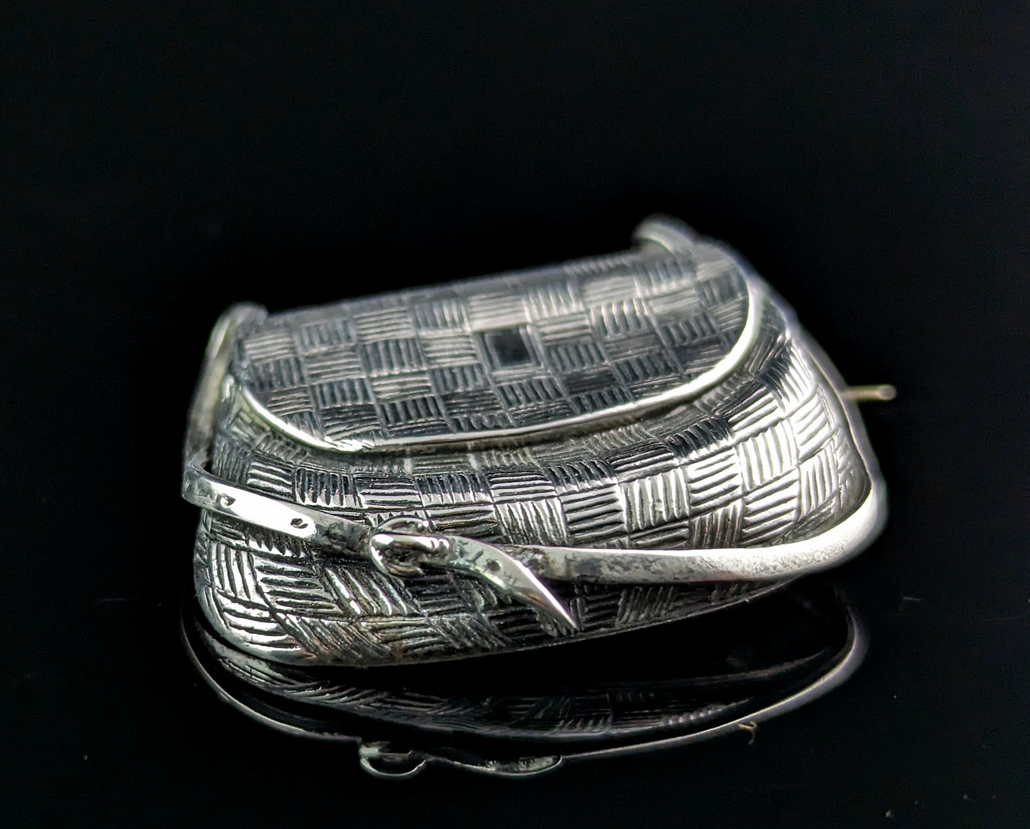 Antique silver fishing creel brooch, Victorian