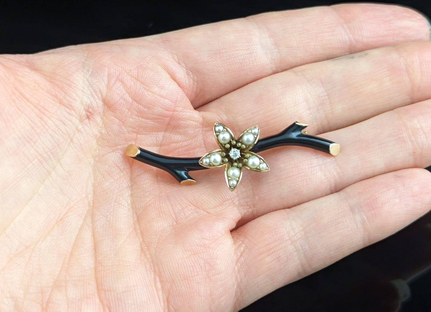Antique mourning brooch, Diamond and pearl flower, black enamel, 15ct gold