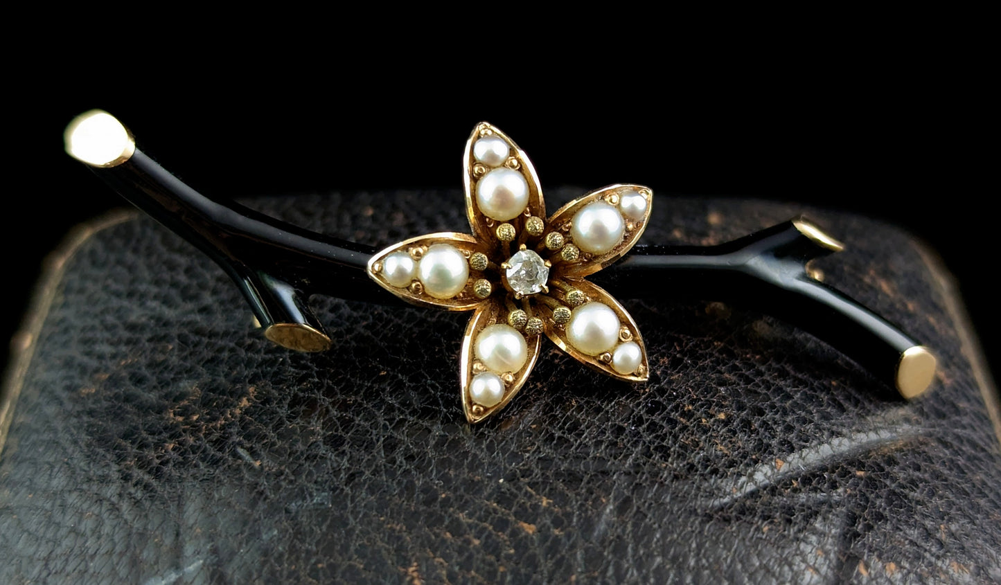 Antique mourning brooch, Diamond and pearl flower, black enamel, 15ct gold